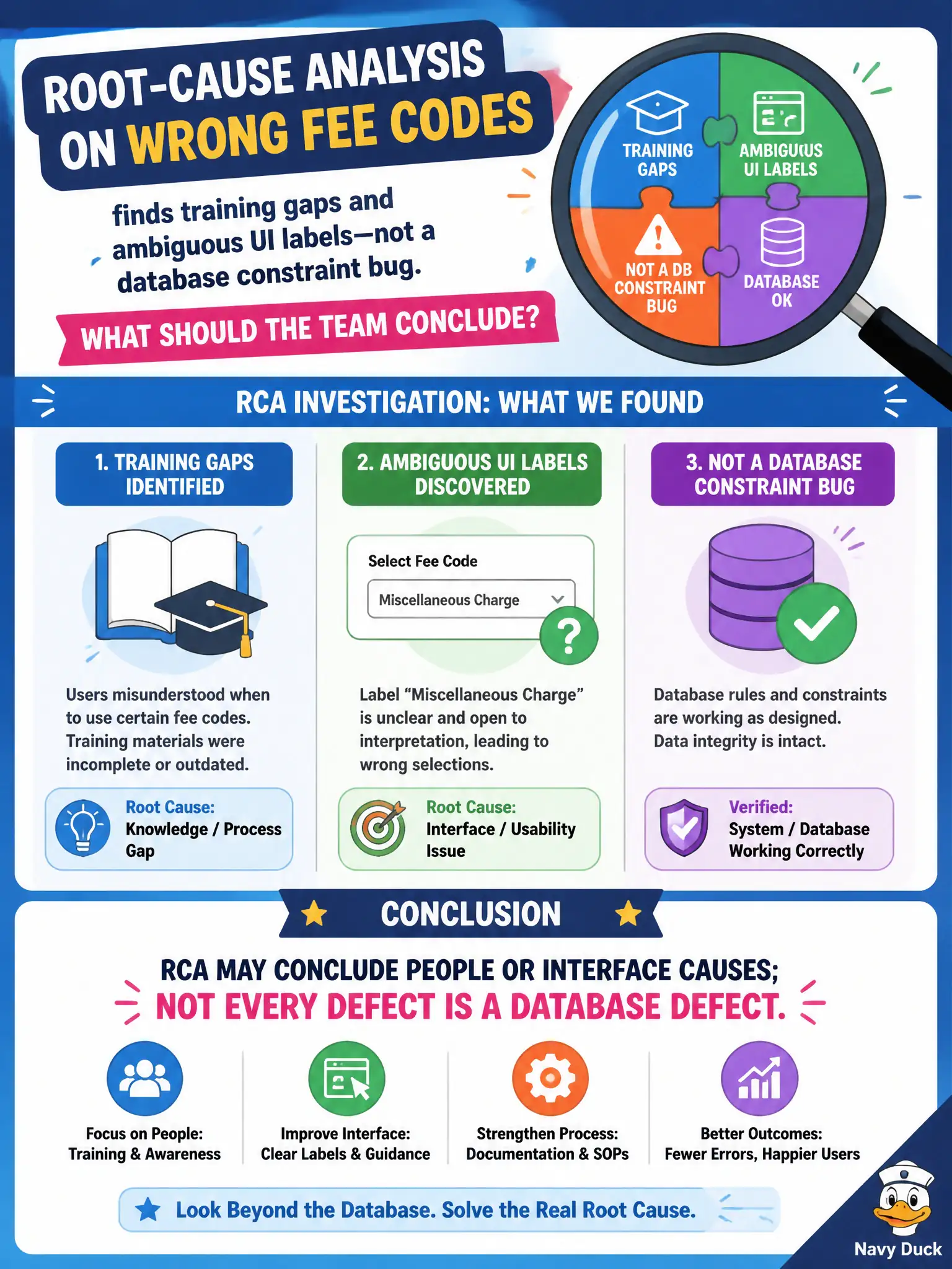 To Create an exciting colorful infographic that explains the concepts in the question: Question: Root-cause analysis on wrong fee codes finds training gaps and ambiguous UI labels—not a database constraint bug. What should the team conclude? Correct Answer: RCA may conclude people or interface causes; not every defect is a database defect Put EVERY visible label in double quotes. No people. No A/B/C/D letters. In one of the four corners put a little "Navy Duck".