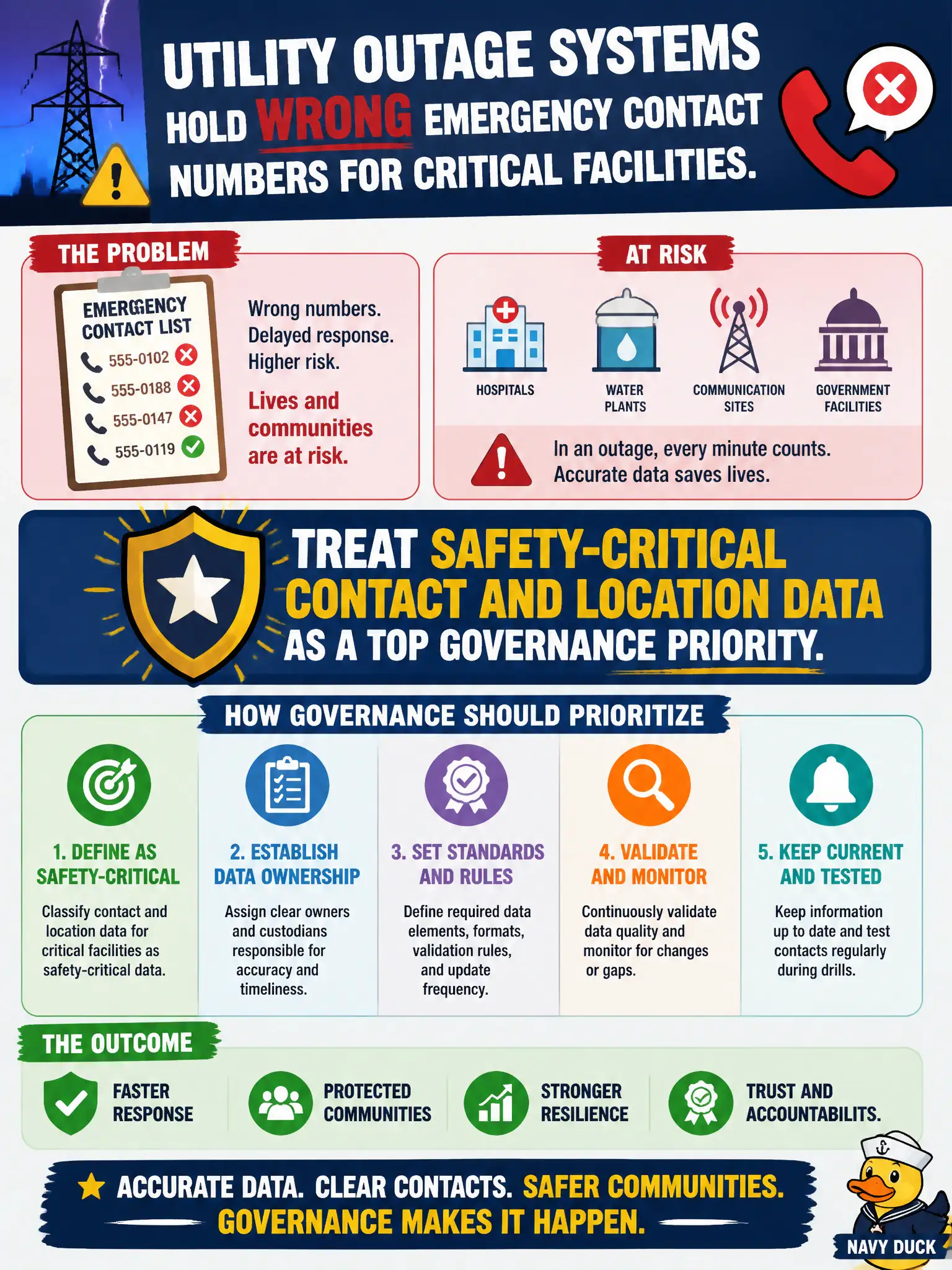 To Create an exciting colorful infographic that explains the concepts in the question: Question: Utility outage systems hold wrong emergency contact numbers for critical facilities. How should governance prioritize? Correct Answer: Treat safety-critical contact and location data as a top governance priority. Put EVERY visible label in double quotes. No people. No A/B/C/D letters. In one of the four corners put a little "Navy Duck".