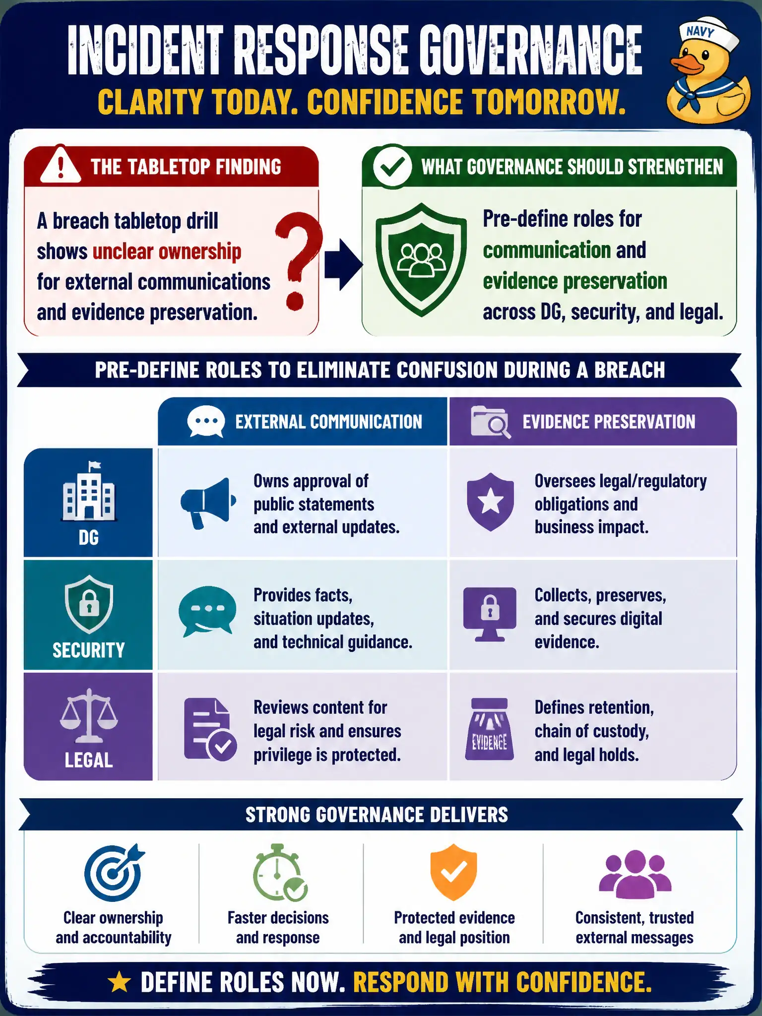 To Create an exciting colorful infographic that explains the concepts in the question: Question: A breach tabletop drill shows unclear ownership for external communications and evidence preservation. What should governance strengthen with security and legal? Correct Answer: Pre-define roles for communication and evidence preservation across DG, security, and legal. Put EVERY visible label in double quotes. No people. No A/B/C/D letters. In one of the four corners put a little "Navy Duck".