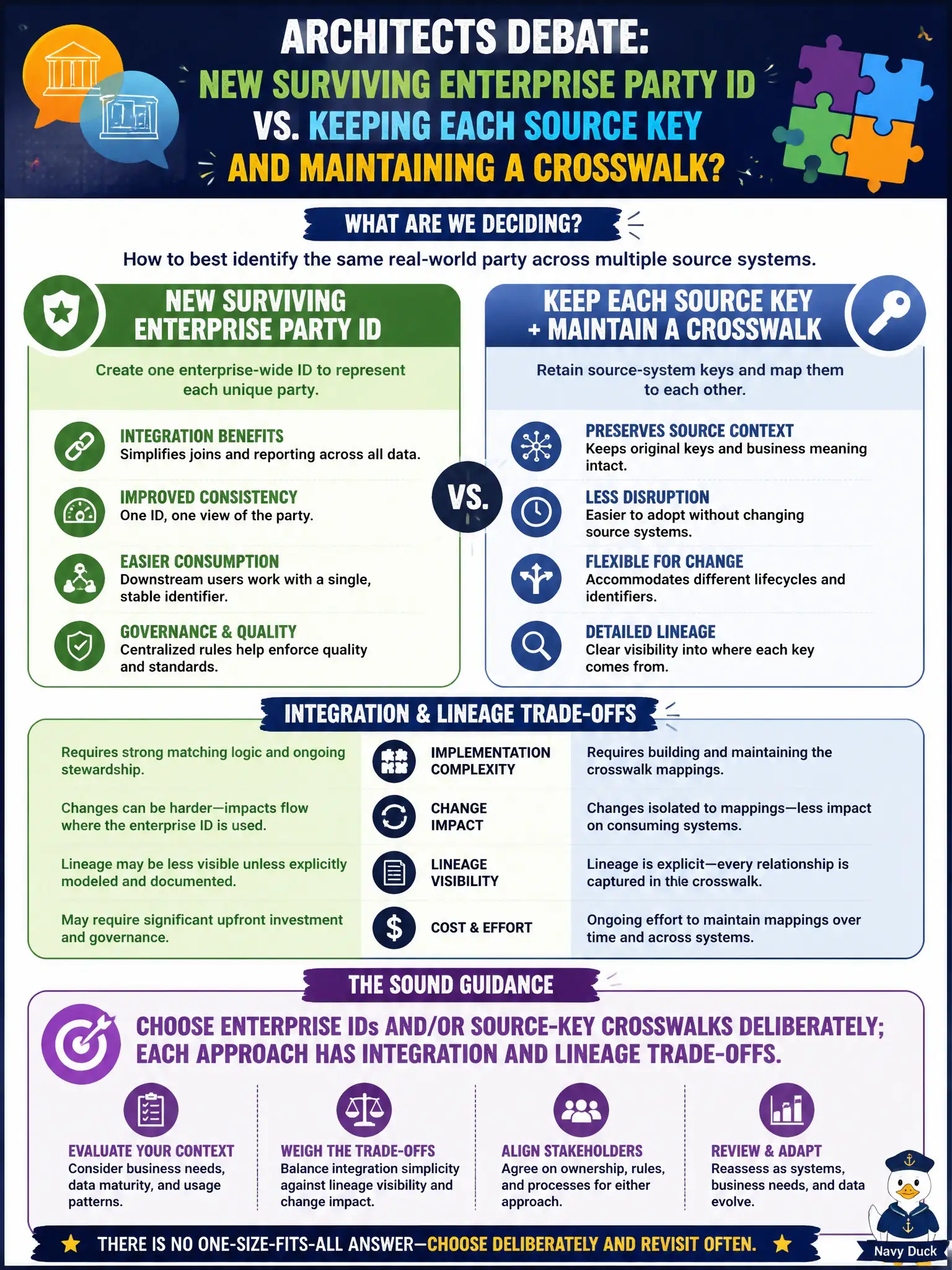 To Create an exciting colorful infographic that explains the concepts in the question: Question: Architects debate issuing a new surviving enterprise party ID versus keeping each source key and maintaining a crosswalk. What is the sound guidance? Correct Answer: Choose enterprise IDs and/or source-key crosswalks deliberately; each approach has integration and lineage trade-offs. Put EVERY visible label in double quotes. No people. No A/B/C/D letters. In one of the four corners put a little "Navy Duck".