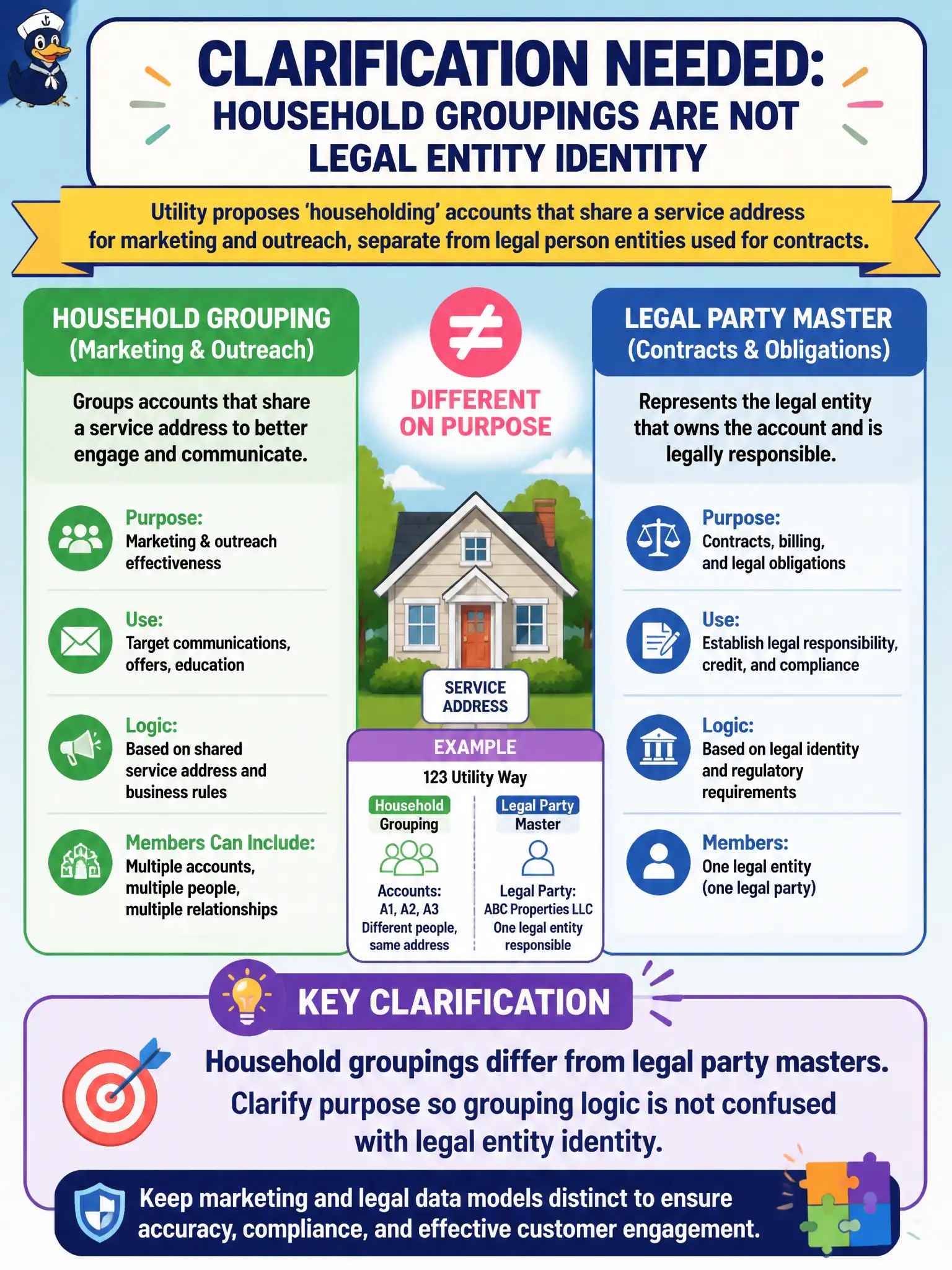 To Create an exciting colorful infographic that explains the concepts in the question: Question: A utility proposes 'householding' accounts that share a service address for marketing and outreach, separate from legal person entities used for contracts. What clarification is needed? Correct Answer: Household groupings differ from legal party masters; clarify purpose so grouping logic is not confused with legal entity identity. Put EVERY visible label in double quotes. No people. No A/B/C/D letters. In one of the four corners put a little "Navy Duck".