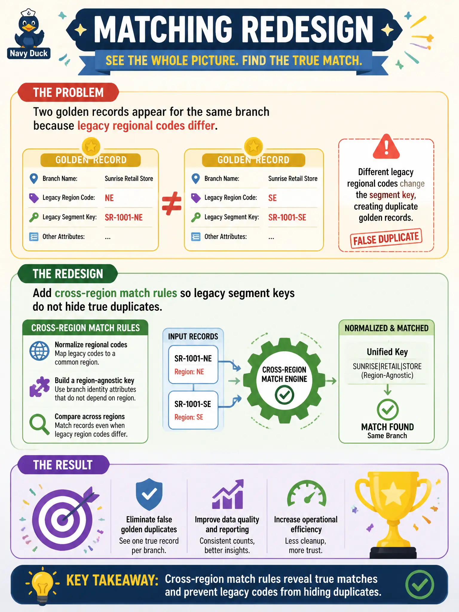 To Create an exciting colorful infographic that explains the concepts in the question: Question: Two golden records appear for the same branch because legacy regional codes differ. How should matching be redesigned? Correct Answer: Add cross-region match rules so legacy segment keys do not hide true duplicates. Put EVERY visible label in double quotes. No people. No A/B/C/D letters. In one of the four corners put a little "Navy Duck".