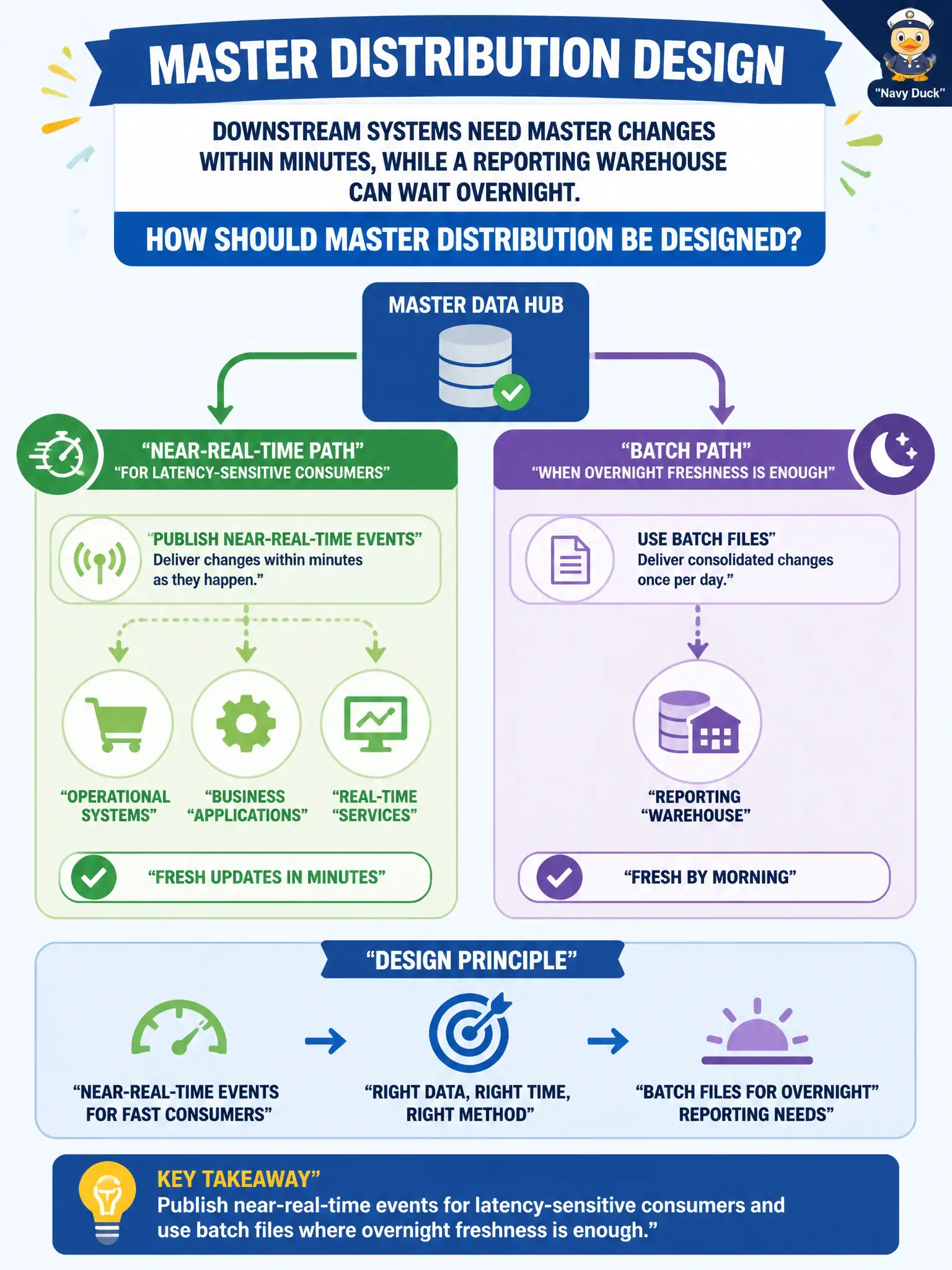 To Create an exciting colorful infographic that explains the concepts in the question: Question: Downstream systems need master changes within minutes, while a reporting warehouse can wait overnight. How should master distribution be designed? Correct Answer: Publish near-real-time events for latency-sensitive consumers and use batch files where overnight freshness is enough. Put EVERY visible label in double quotes. No people. No A/B/C/D letters. In one of the four corners put a little "Navy Duck".