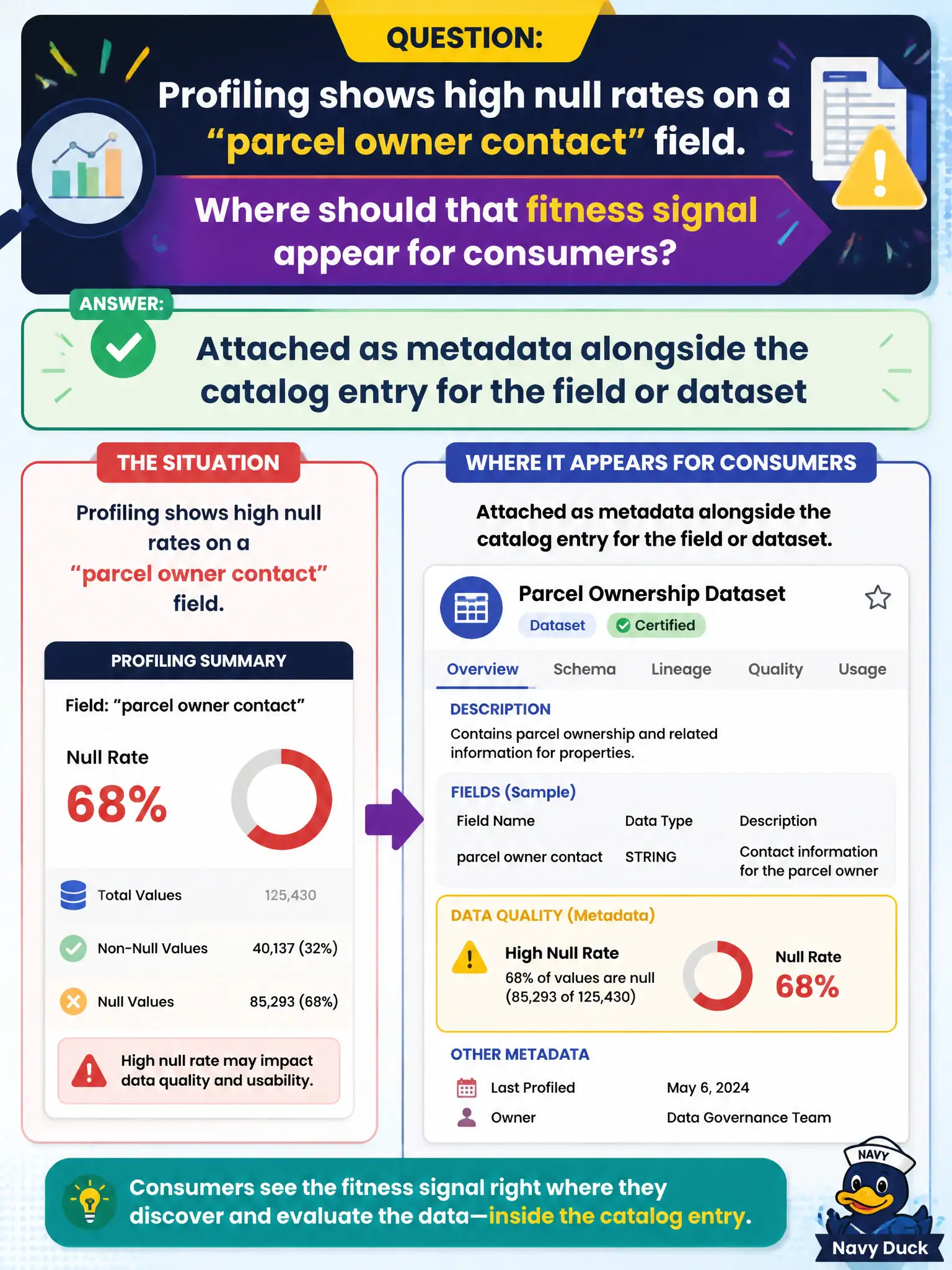 To Create an exciting colorful infographic that explains the concepts in the question: Question: Profiling shows high null rates on a "parcel owner contact" field. Where should that fitness signal appear for consumers? Correct Answer: Attached as metadata alongside the catalog entry for the field or dataset Put EVERY visible label in double quotes. No people. No A/B/C/D letters. In one of the four corners put a little "Navy Duck".