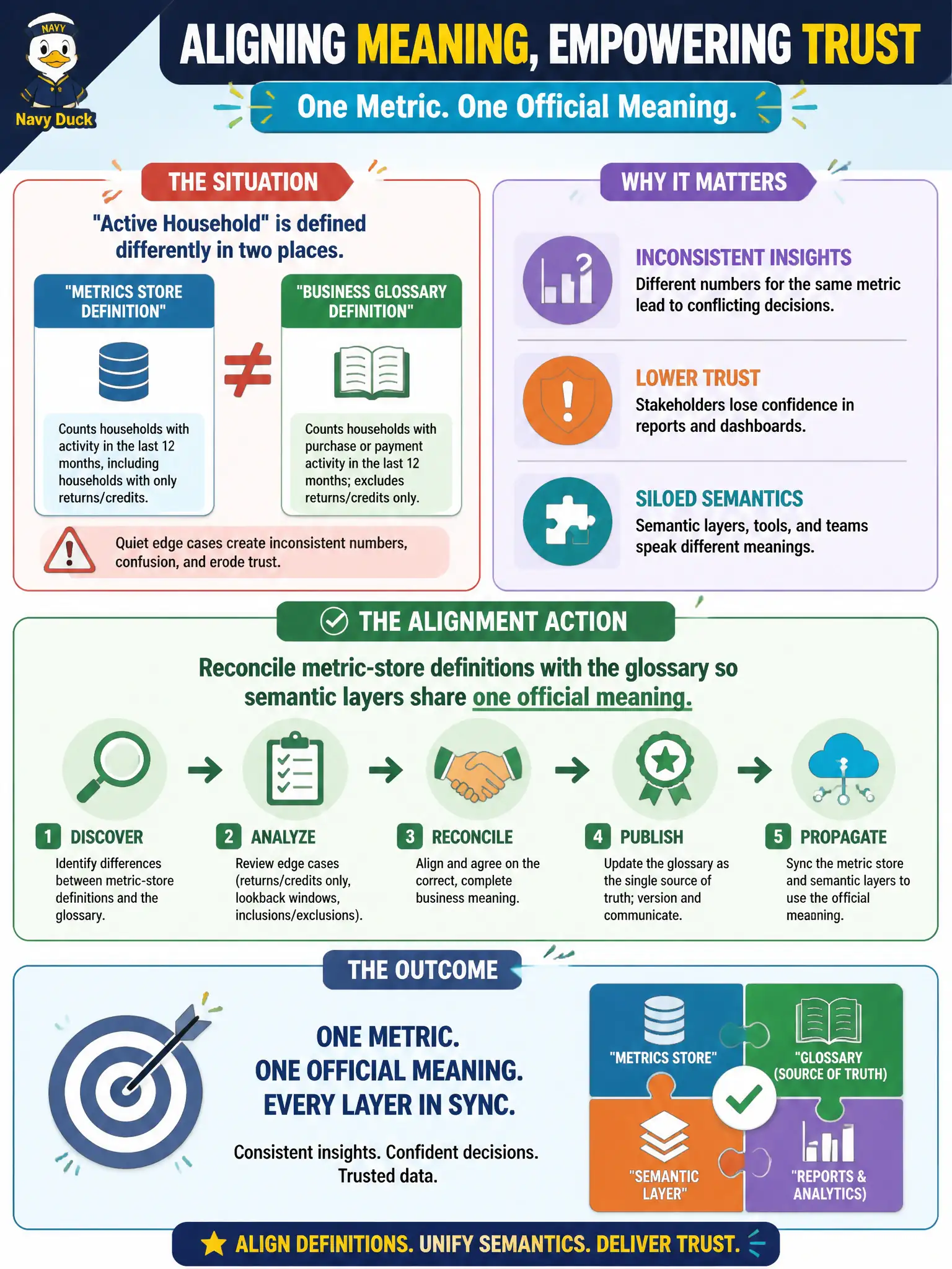 To Create an exciting colorful infographic that explains the concepts in the question: Question: A metrics store defines active household differently from the business glossary by a few quiet edge cases. What alignment action should metadata management take? Correct Answer: Reconcile metric-store definitions with the glossary so semantic layers share one official meaning. Put EVERY visible label in double quotes. No people. No A/B/C/D letters. In one of the four corners put a little "Navy Duck".