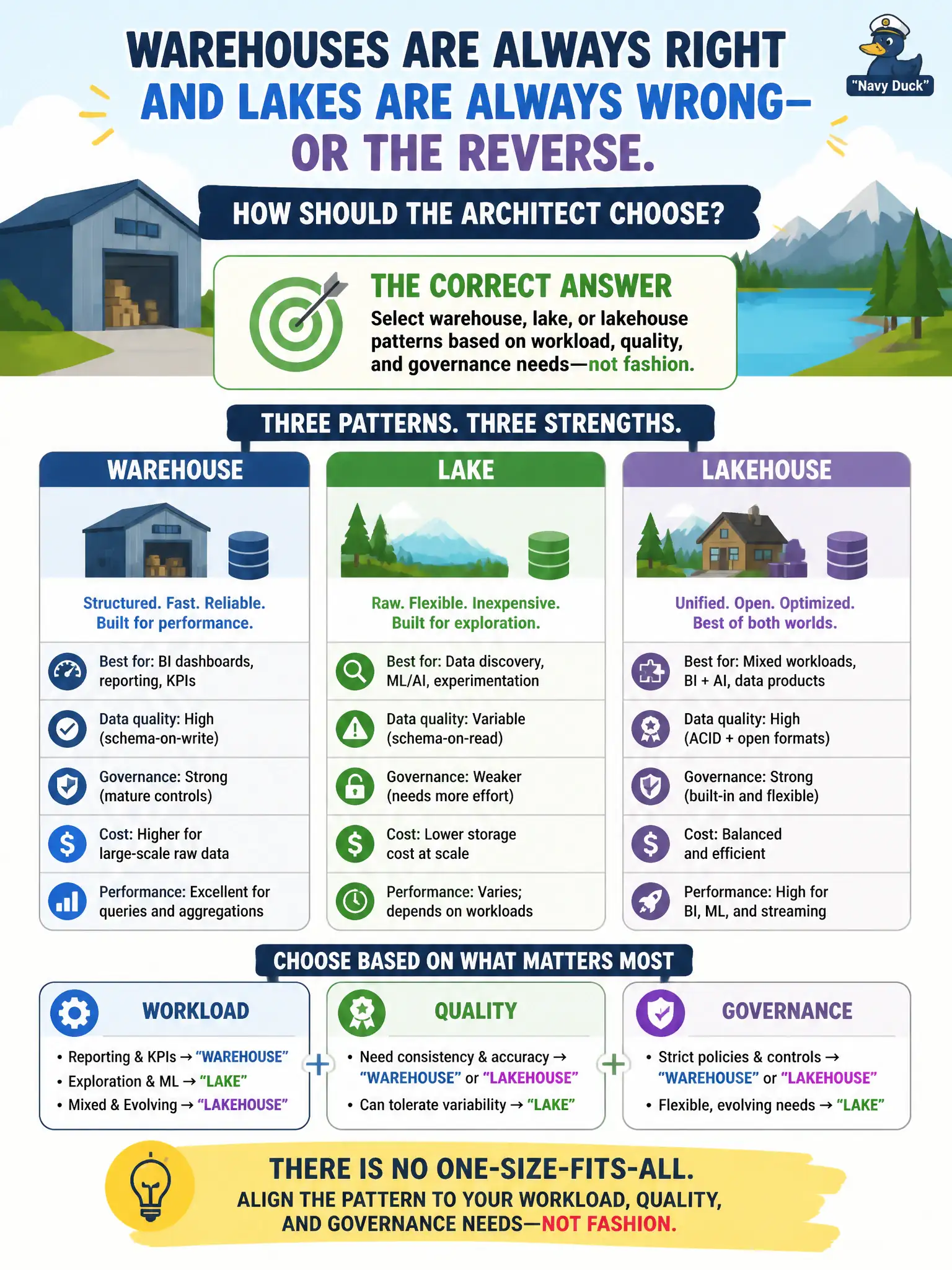 To Create an exciting colorful infographic that explains the concepts in the question: Question: Leaders argue endlessly that warehouses are always right and lakes are always wrong—or the reverse. How should the architect choose? Correct Answer: Select warehouse, lake, or lakehouse patterns based on workload, quality, and governance needs—not fashion Put EVERY visible label in double quotes. No people. No A/B/C/D letters. In one of the four corners put a little "Navy Duck".