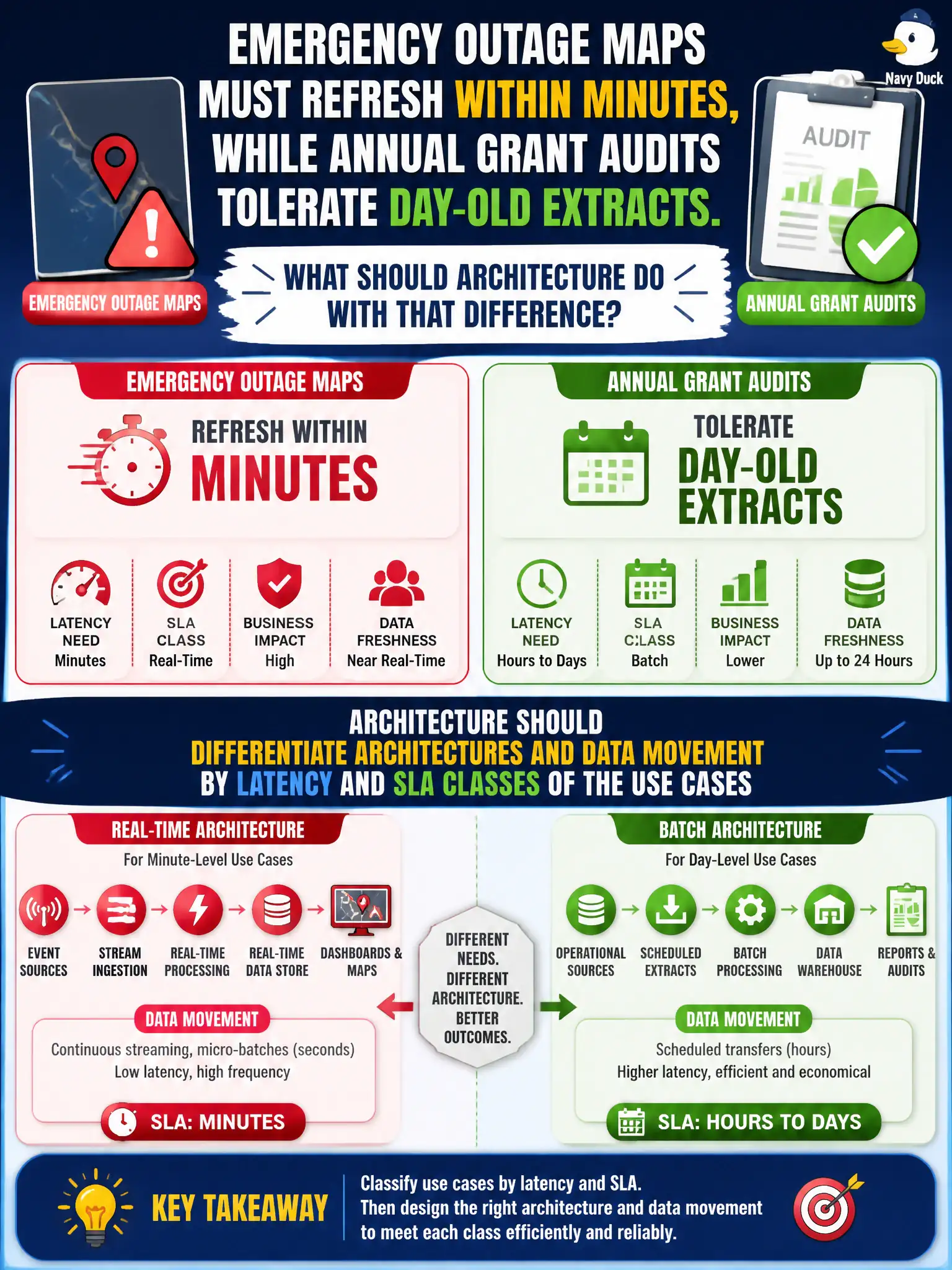 To Create an exciting colorful infographic that explains the concepts in the question: Question: Emergency outage maps must refresh within minutes, while annual grant audits tolerate day-old extracts. What should architecture do with that difference? Correct Answer: Differentiate architectures and data movement by latency and SLA classes of the use cases Put EVERY visible label in double quotes. No people. No A/B/C/D letters. In one of the four corners put a little "Navy Duck".