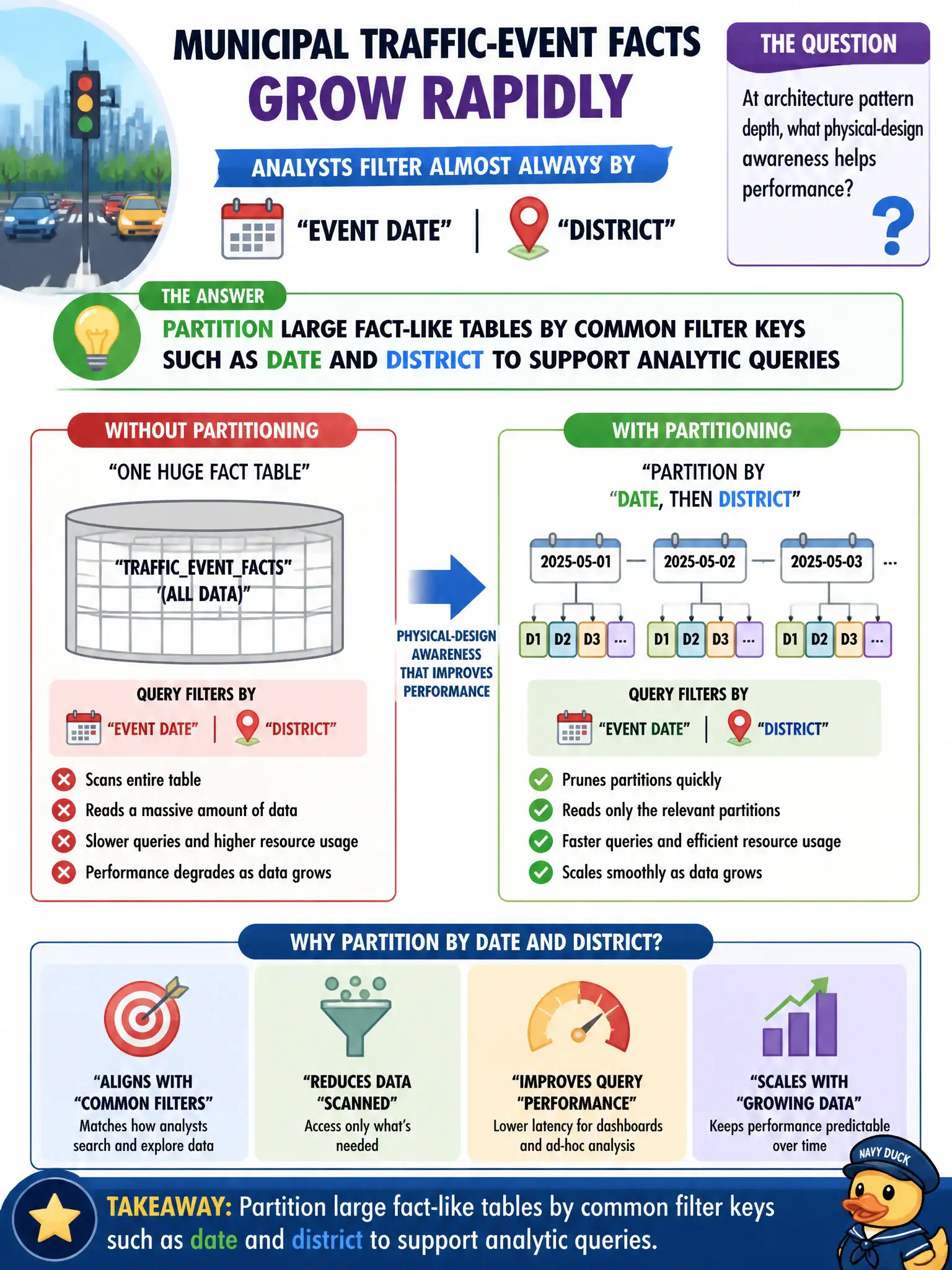 To Create an exciting colorful infographic that explains the concepts in the question: Question: Municipal traffic-event facts grow rapidly and analysts filter almost always by event date and district. At architecture pattern depth, what physical-design awareness helps performance? Correct Answer: Partition large fact-like tables by common filter keys such as date and district to support analytic queries Put EVERY visible label in double quotes. No people. No A/B/C/D letters. In one of the four corners put a little "Navy Duck".