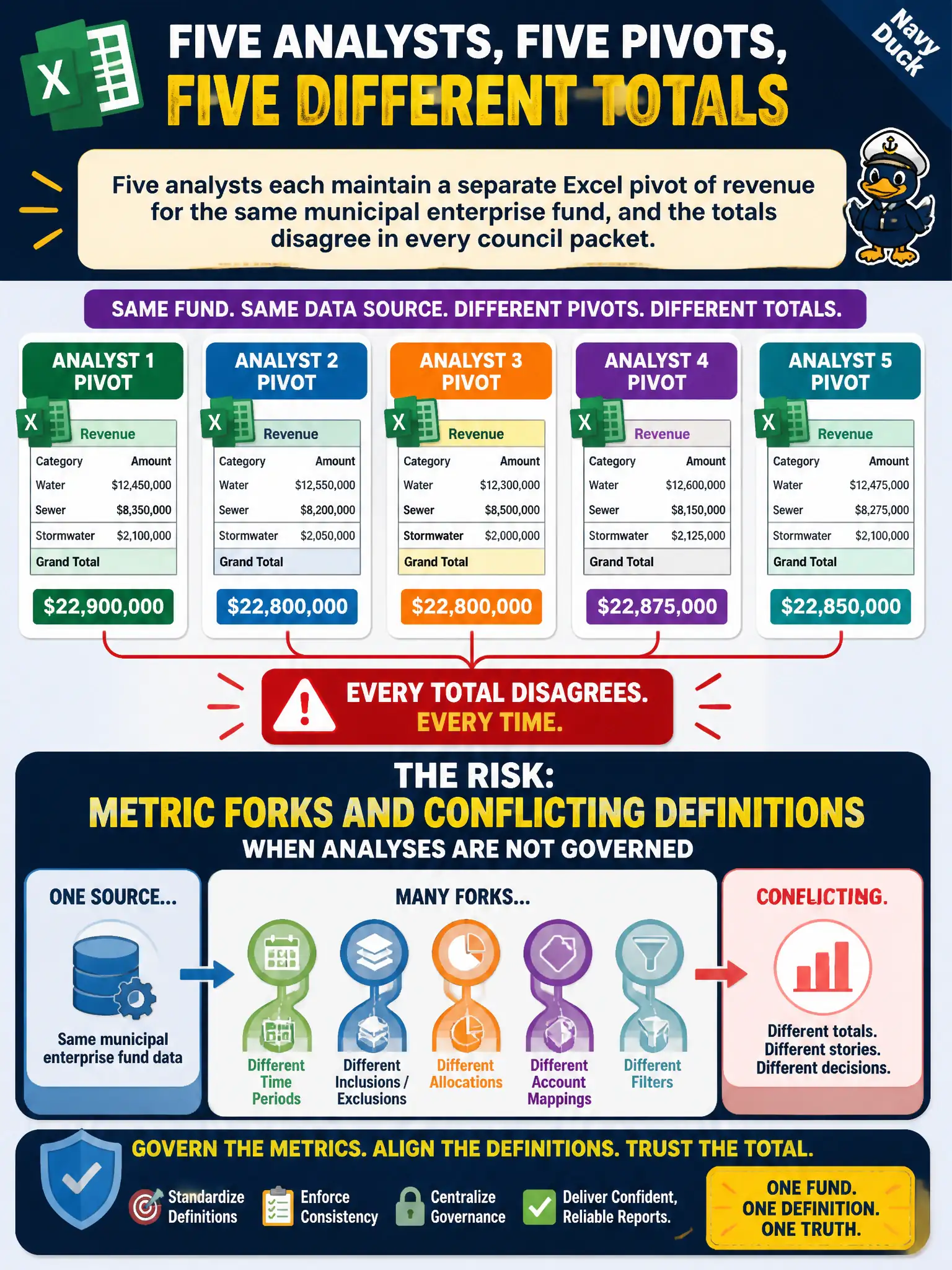 To Create an exciting colorful infographic that explains the concepts in the question: Question: Five analysts each maintain a separate Excel pivot of revenue for the same municipal enterprise fund, and the totals disagree in every council packet. What risk does unmanaged spreadsheet analysis create? Correct Answer: Metric forks and conflicting definitions when analyses are not governed Put EVERY visible label in double quotes. No people. No A/B/C/D letters. In one of the four corners put a little "Navy Duck".