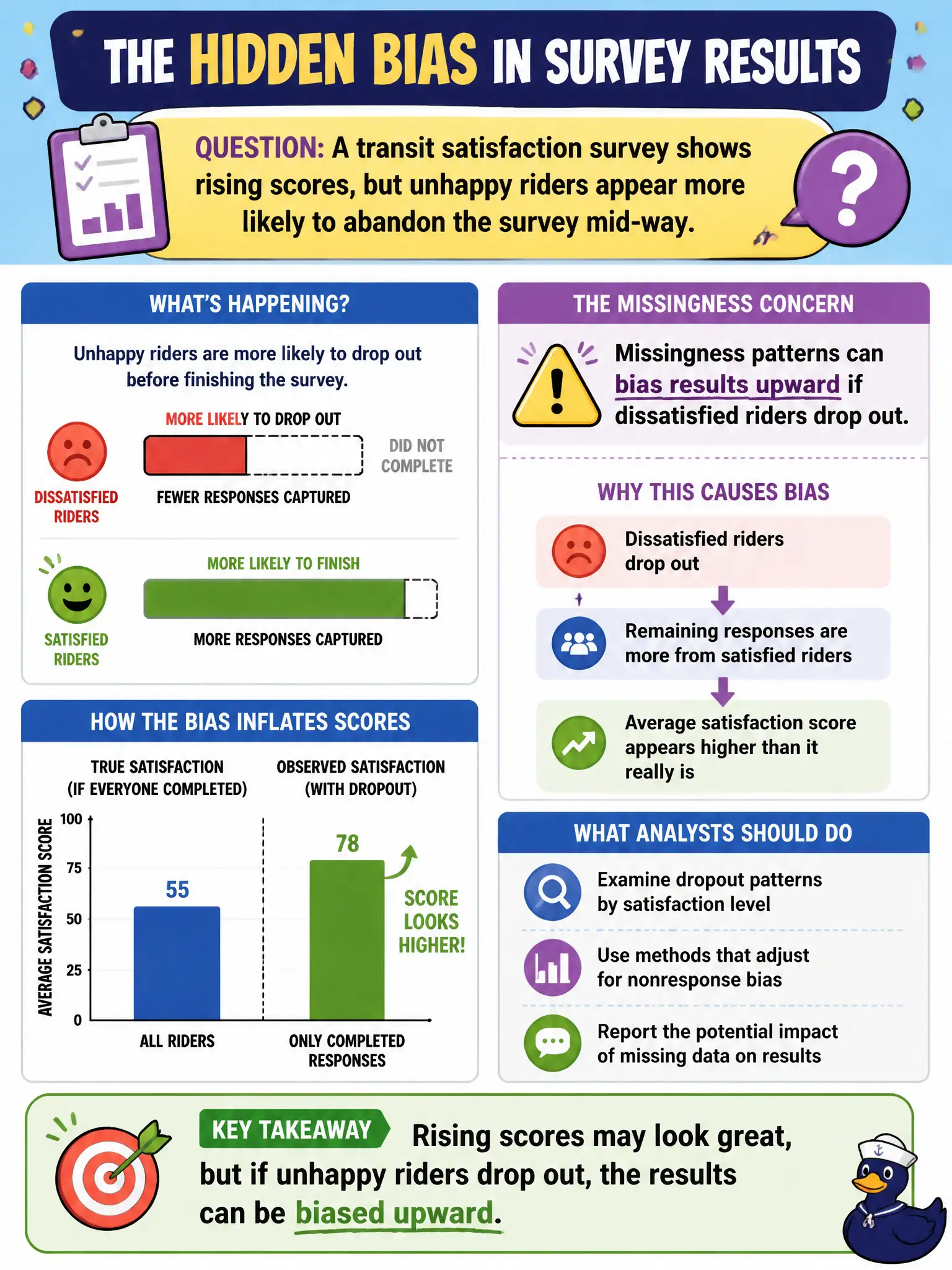 To Create an exciting colorful infographic that explains the concepts in the question: Question: A transit satisfaction survey shows rising scores, but unhappy riders appear more likely to abandon the survey mid-way. What missingness concern should the analyst raise? Correct Answer: Missingness patterns can bias results upward if dissatisfied riders drop out Put EVERY visible label in double quotes. No people. No A/B/C/D letters. In one of the four corners put a little "Navy Duck".