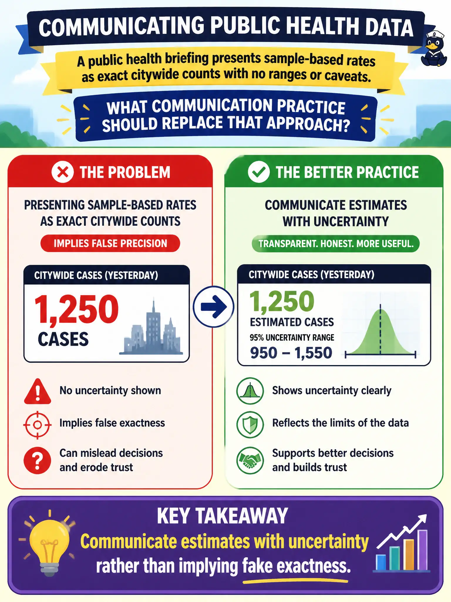 To Create an exciting colorful infographic that explains the concepts in the question: Question: A public health briefing presents sample-based rates as exact citywide counts with no ranges or caveats. What communication practice should replace that approach? Correct Answer: Communicate estimates with uncertainty rather than implying fake exactness. Put EVERY visible label in double quotes. No people. No A/B/C/D letters. In one of the four corners put a little "Navy Duck".