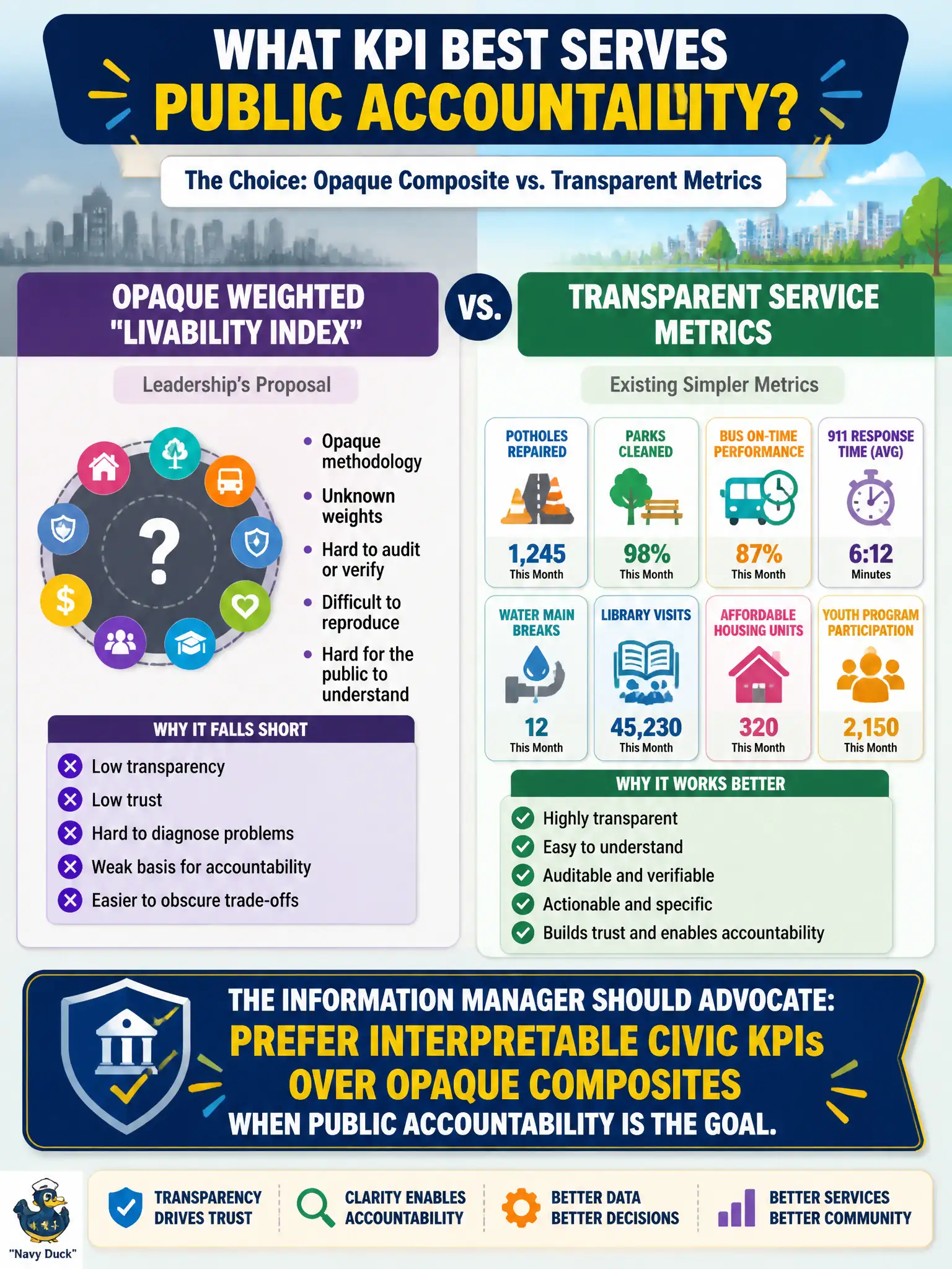 To Create an exciting colorful infographic that explains the concepts in the question: Question: Leadership proposes a opaque weighted 'livability index' as the primary public accountability KPI, though simpler transparent service metrics already exist. What preference should the information manager advocate? Correct Answer: Prefer interpretable civic KPIs over opaque composites when public accountability is the goal. Put EVERY visible label in double quotes. No people. No A/B/C/D letters. In one of the four corners put a little "Navy Duck".