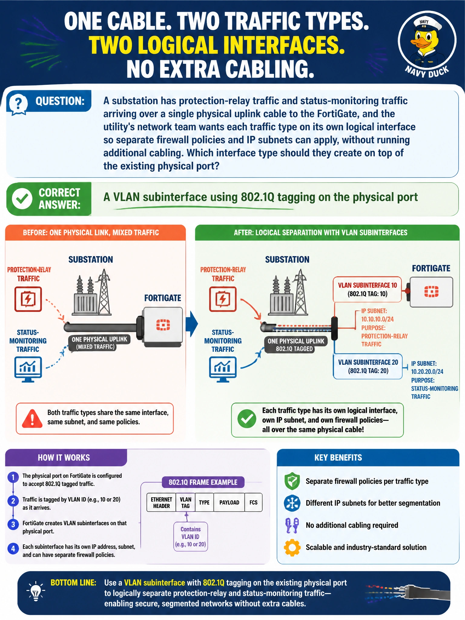 To Create an exciting colorful infographic that explains the concepts in the question: Question: A substation has protection-relay traffic and status-monitoring traffic arriving over a single physical uplink cable to the FortiGate, and the utility's network team wants each traffic type on its own logical interface so separate firewall policies and IP subnets can apply, without running additional cabling. Which interface type should they create on top of the existing physical port? Correct Answer: A VLAN subinterface using 802.1Q tagging on the physical port Put EVERY visible label in double quotes. No people. No A/B/C/D letters. In one of the four corners put a little "Navy Duck".