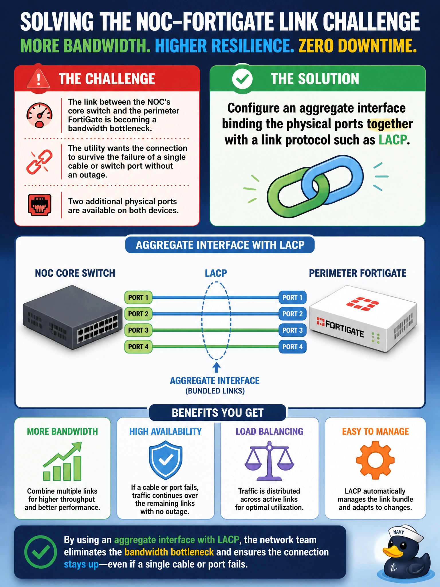 To Create an exciting colorful infographic that explains the concepts in the question: Question: The link between the NOC's core switch and the perimeter FortiGate is becoming a bandwidth bottleneck, and the utility also wants the connection to survive the failure of a single cable or switch port without an outage. Two additional physical ports are available on both devices. What should the network team configure to meet both goals? Correct Answer: An aggregate interface binding the physical ports together with a link protocol such as LACP Put EVERY visible label in double quotes. No people. No A/B/C/D letters. In one of the four corners put a little "Navy Duck".