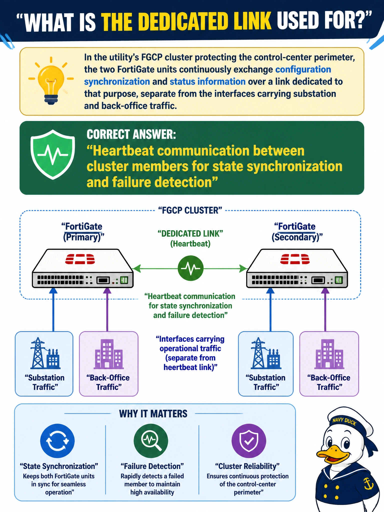To Create an exciting colorful infographic that explains the concepts in the question: Question: In the utility's FGCP cluster protecting the control-center perimeter, the two FortiGate units continuously exchange configuration synchronization and status information over a link dedicated to that purpose, separate from the interfaces carrying substation and back-office traffic. What is this dedicated link used for? Correct Answer: Heartbeat communication between cluster members for state synchronization and failure detection Put EVERY visible label in double quotes. No people. No A/B/C/D letters. In one of the four corners put a little "Navy Duck".