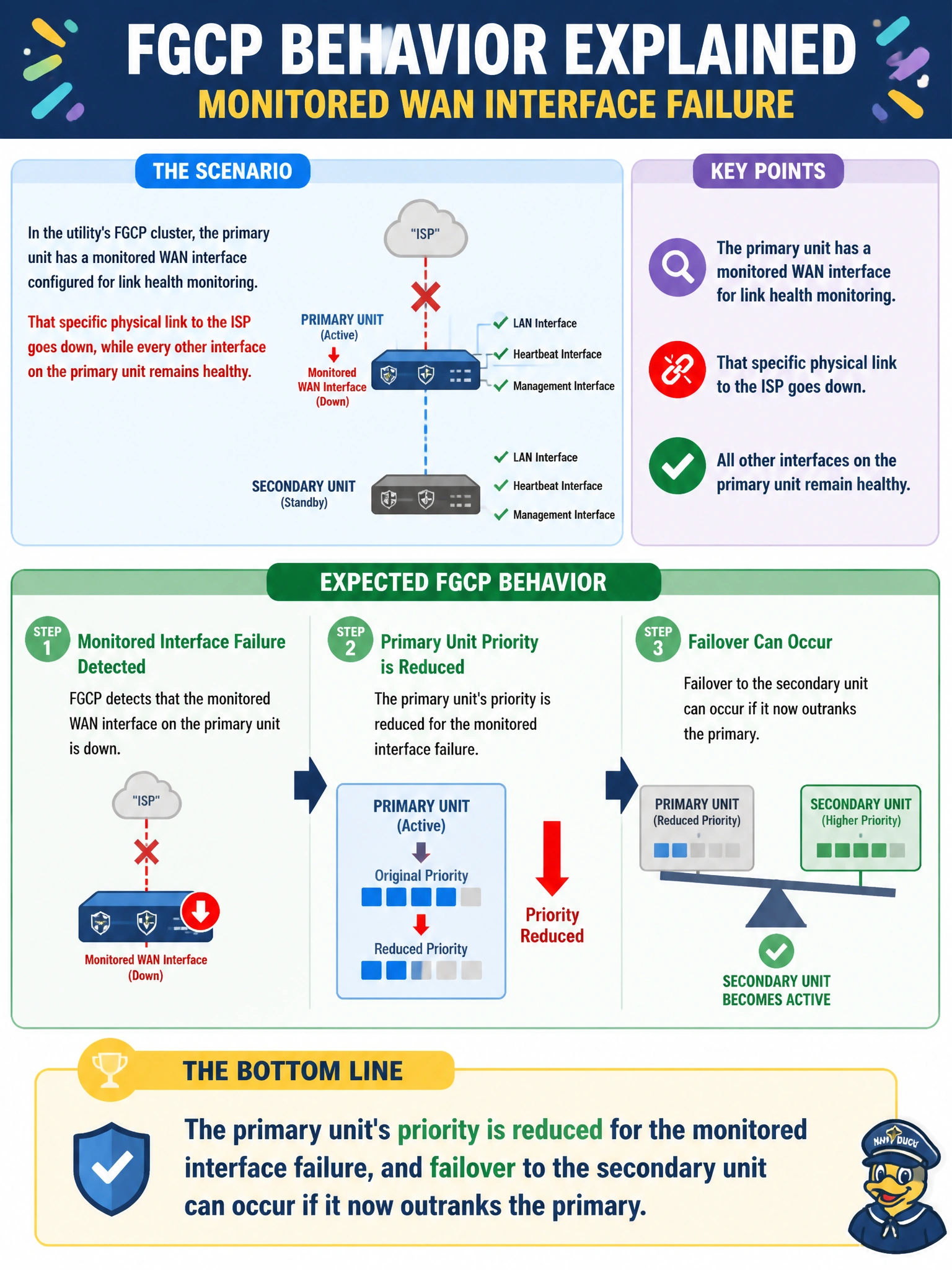 To Create an exciting colorful infographic that explains the concepts in the question: Question: In the utility's FGCP cluster, the primary unit has a monitored WAN interface configured for link health monitoring. That specific physical link to the ISP goes down, while every other interface on the primary unit remains healthy. What is the expected FGCP behavior? Correct Answer: The primary unit's priority is reduced for the monitored interface failure, and failover to the secondary unit can occur if it now outranks the primary Put EVERY visible label in double quotes. No people. No A/B/C/D letters. In one of the four corners put a little "Navy Duck".