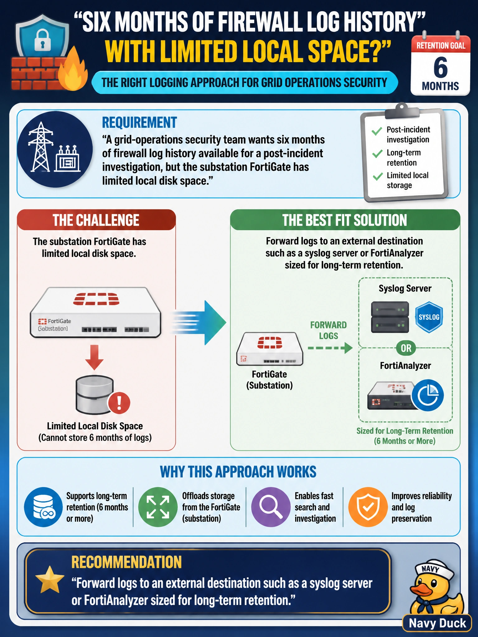 To Create an exciting colorful infographic that explains the concepts in the question: Question: A grid-operations security team wants six months of firewall log history available for a post-incident investigation, but the substation FortiGate has limited local disk space. Which logging approach best fits this requirement? Correct Answer: Forward logs to an external destination such as a syslog server or FortiAnalyzer sized for long-term retention Put EVERY visible label in double quotes. No people. No A/B/C/D letters. In one of the four corners put a little "Navy Duck".