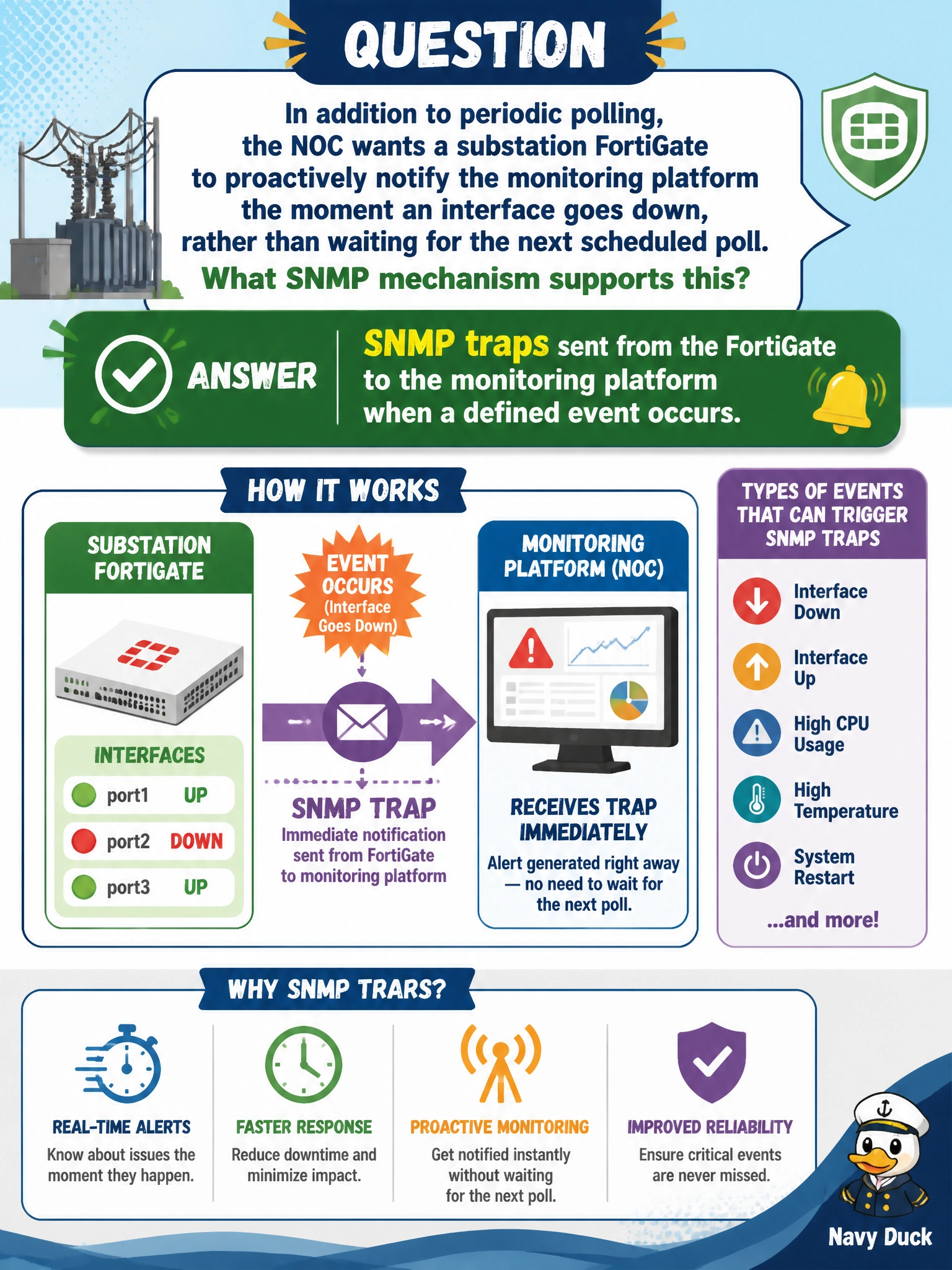 To Create an exciting colorful infographic that explains the concepts in the question: Question: In addition to periodic polling, the NOC wants a substation FortiGate to proactively notify the monitoring platform the moment an interface goes down, rather than waiting for the next scheduled poll. What SNMP mechanism supports this? Correct Answer: SNMP traps sent from the FortiGate to the monitoring platform when a defined event occurs Put EVERY visible label in double quotes. No people. No A/B/C/D letters. In one of the four corners put a little "Navy Duck".