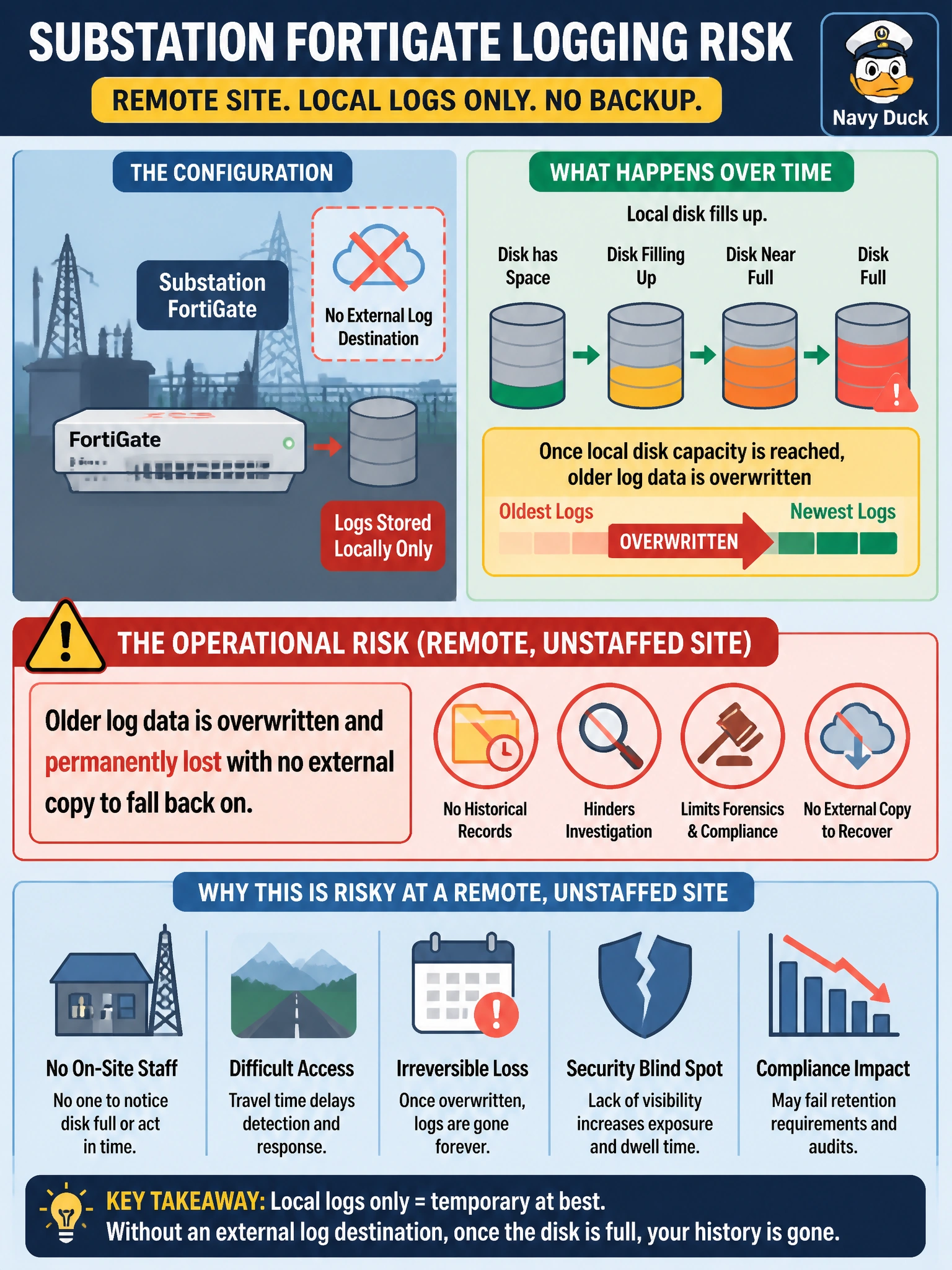 To Create an exciting colorful infographic that explains the concepts in the question: Question: A substation FortiGate is configured to log only to its own local disk, with no external log destination. What operational risk does this configuration carry that is specific to a remote, unstaffed site? Correct Answer: Once local disk capacity is reached, older log data is overwritten and permanently lost with no external copy to fall back on Put EVERY visible label in double quotes. No people. No A/B/C/D letters. In one of the four corners put a little "Navy Duck".