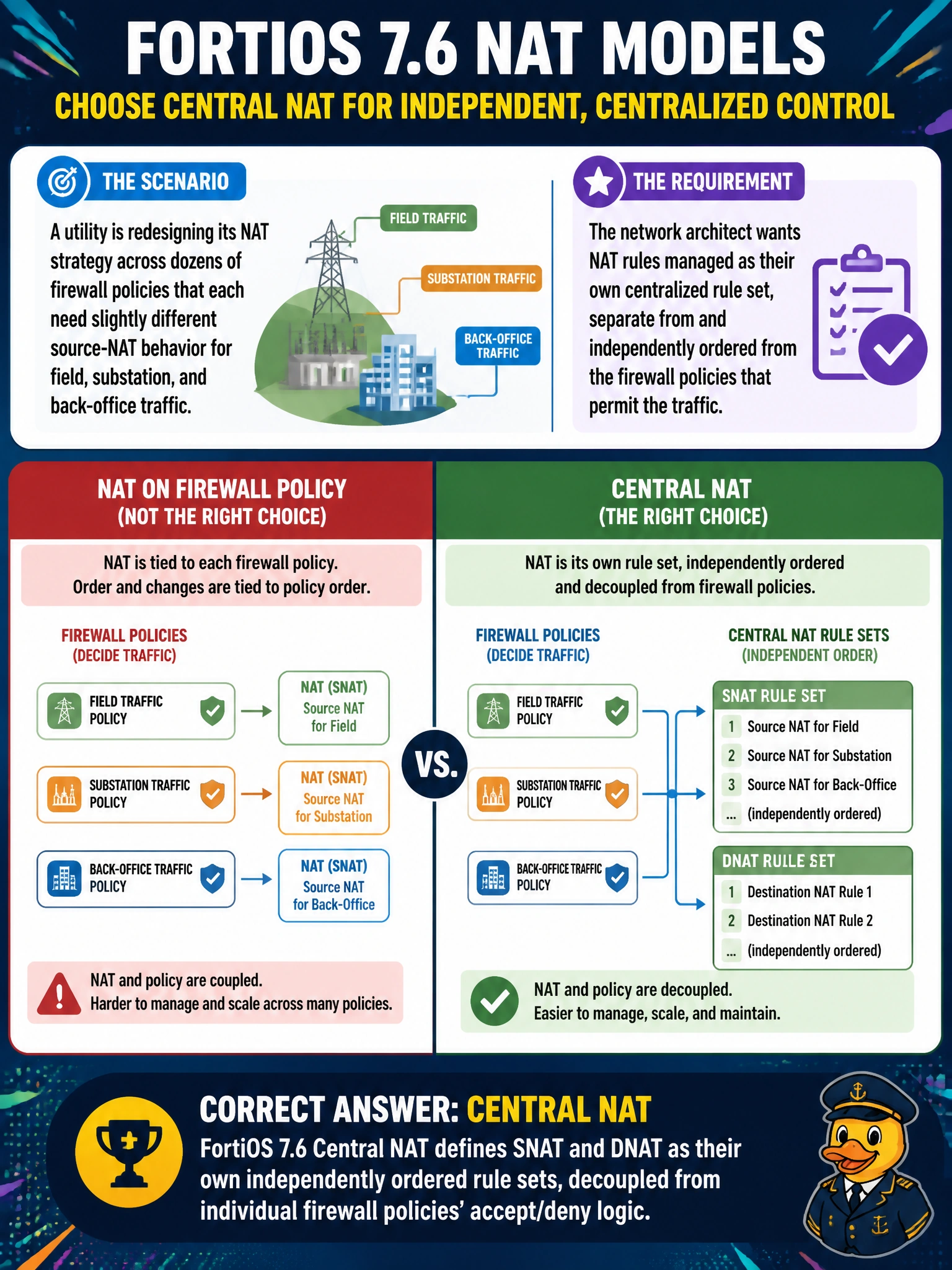 To Create an exciting colorful infographic that explains the concepts in the question: Question: A utility is redesigning its NAT strategy across dozens of firewall policies that each need slightly different source-NAT behavior for field, substation, and back-office traffic. The network architect wants NAT rules managed as their own centralized rule set, separate from and independently ordered from the firewall policies that permit the traffic. Which FortiOS 7.6 NAT model matches this requirement, as opposed to configuring NAT directly on each firewall policy? Correct Answer: Central NAT, which defines SNAT and DNAT as their own independently ordered rule sets, decoupled from individual firewall policies' accept/deny logic. Put EVERY visible label in double quotes. No people. No A/B/C/D letters. In one of the four corners put a little "Navy Duck".