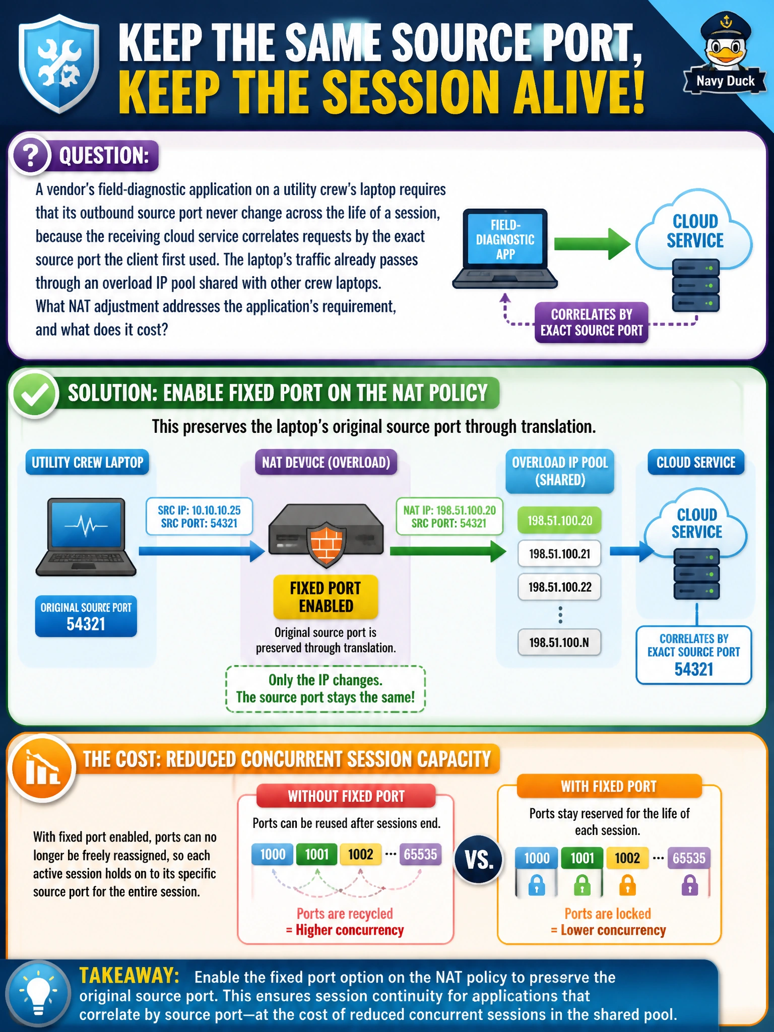 To Create an exciting colorful infographic that explains the concepts in the question: Question: A vendor's field-diagnostic application on a utility crew's laptop requires that its outbound source port never change across the life of a session, because the receiving cloud service correlates requests by the exact source port the client first used. The laptop's traffic already passes through an overload IP pool shared with other crew laptops. What NAT adjustment addresses the application's requirement, and what does it cost? Correct Answer: Enable the fixed port option on the NAT policy, which preserves the laptop's original source port through translation, at the cost of reducing how many concurrent sessions the shared pool can support since ports can no longer be freely reassigned. Put EVERY visible label in double quotes. No people. No A/B/C/D letters. In one of the four corners put a little "Navy Duck".