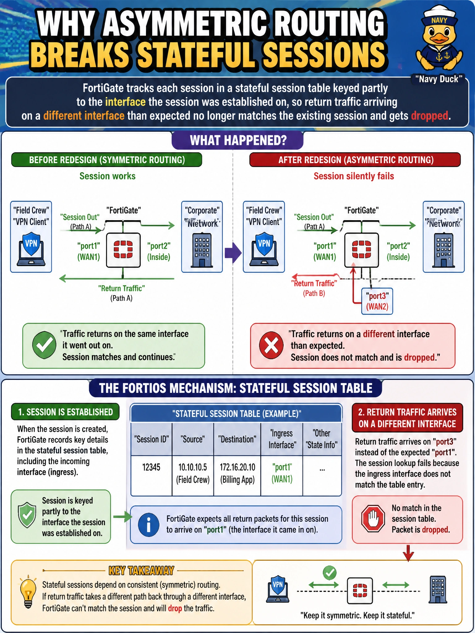To Create an exciting colorful infographic that explains the concepts in the question: Question: After a utility redesigns its WAN routing so that return traffic from the corporate billing network to a field crew's VPN session now takes a different path back through a second FortiGate interface than the path the session originally went out on, the crew's application connections begin silently failing partway through. What FortiOS mechanism explains why asymmetric routing like this breaks stateful sessions? Correct Answer: FortiGate tracks each session in a stateful session table keyed partly to the interface the session was established on, so return traffic arriving on a different interface than expected no longer matches the existing session and gets dropped. Put EVERY visible label in double quotes. No people. No A/B/C/D letters. In one of the four corners put a little "Navy Duck".