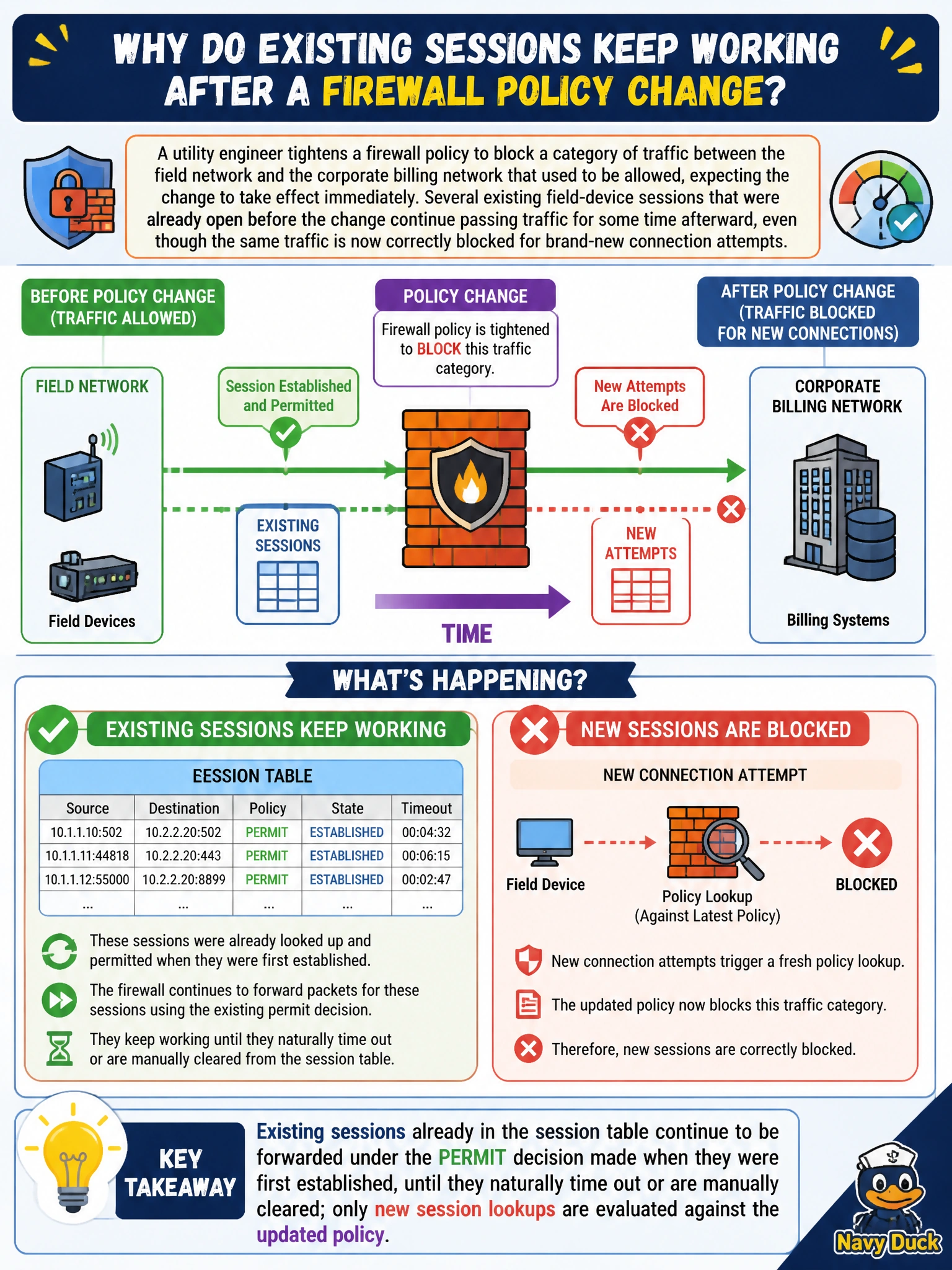 To Create an exciting colorful infographic that explains the concepts in the question: Question: A utility engineer tightens a firewall policy to block a category of traffic between the field network and the corporate billing network that used to be allowed, expecting the change to take effect immediately. Several existing field-device sessions that were already open before the change continue passing traffic for some time afterward, even though the same traffic is now correctly blocked for brand-new connection attempts. Why do the existing sessions keep working after the policy change? Correct Answer: Existing sessions already in the session table continue to be forwarded under the permit decision made when they were first established, until they naturally time out or are manually cleared; only new session lookups are evaluated against the updated policy. Put EVERY visible label in double quotes. No people. No A/B/C/D letters. In one of the four corners put a little "Navy Duck".