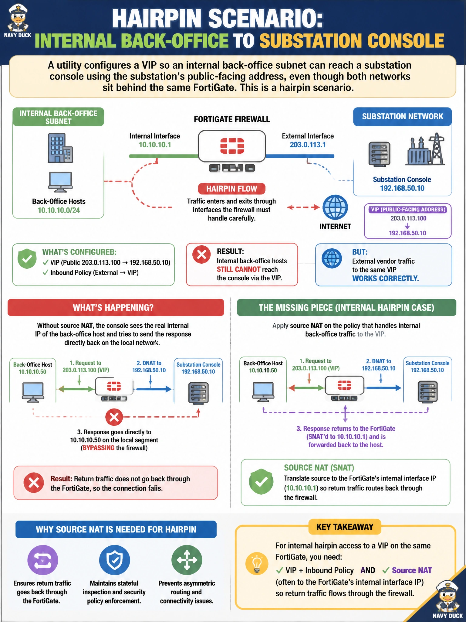To Create an exciting colorful infographic that explains the concepts in the question: Question: A utility configures a VIP so an internal back-office subnet can reach a substation console using the substation's public-facing address, even though both networks sit behind the same FortiGate, a hairpin scenario where the traffic enters and exits through interfaces the firewall must handle carefully. The VIP and an appropriate inbound policy are both configured, but internal back-office hosts still cannot reach the console this way, while genuinely external vendor traffic to the same VIP works correctly. What is a likely missing piece specific to this internal hairpin case? Correct Answer: The policy handling internal back-office traffic to the VIP also needs source NAT applied, often to the FortiGate's internal interface address, so return traffic from the console routes back through the firewall rather than trying to reach the back-office hosts directly on the local segment. Put EVERY visible label in double quotes. No people. No A/B/C/D letters. In one of the four corners put a little "Navy Duck".