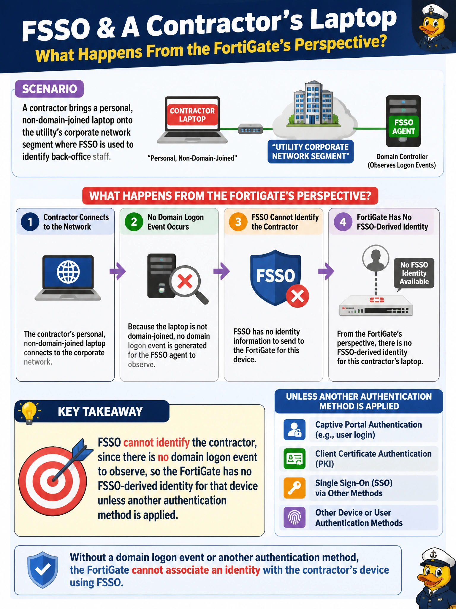 To Create an exciting colorful infographic that explains the concepts in the question: Question: A contractor brings a personal, non-domain-joined laptop onto the utility's corporate network segment where FSSO is used to identify back-office staff. What happens to that contractor's identity from the FortiGate's perspective? Correct Answer: FSSO cannot identify the contractor, since there is no domain logon event to observe, so the FortiGate has no FSSO-derived identity for that device unless another authentication method is applied. Put EVERY visible label in double quotes. No people. No A/B/C/D letters. In one of the four corners put a little "Navy Duck".