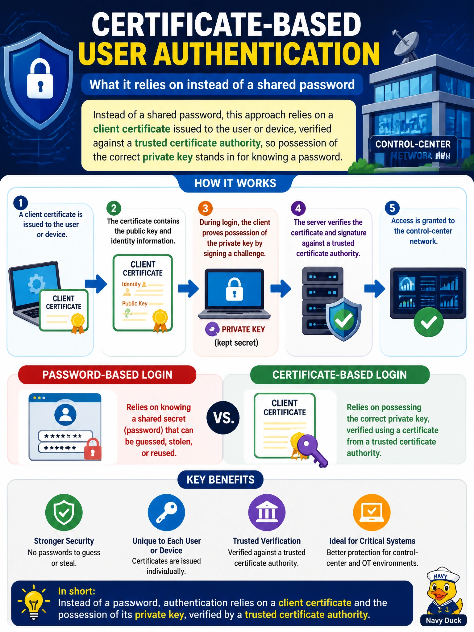 To Create an exciting colorful infographic that explains the concepts in the question: Question: A utility is evaluating certificate-based user authentication as an alternative to password-based login for a set of engineering laptops accessing the control-center network. Conceptually, what does this approach rely on instead of a shared password? Correct Answer: A client certificate issued to the user or device, verified against a trusted certificate authority, so possession of the correct private key stands in for knowing a password. Put EVERY visible label in double quotes. No people. No A/B/C/D letters. In one of the four corners put a little "Navy Duck".