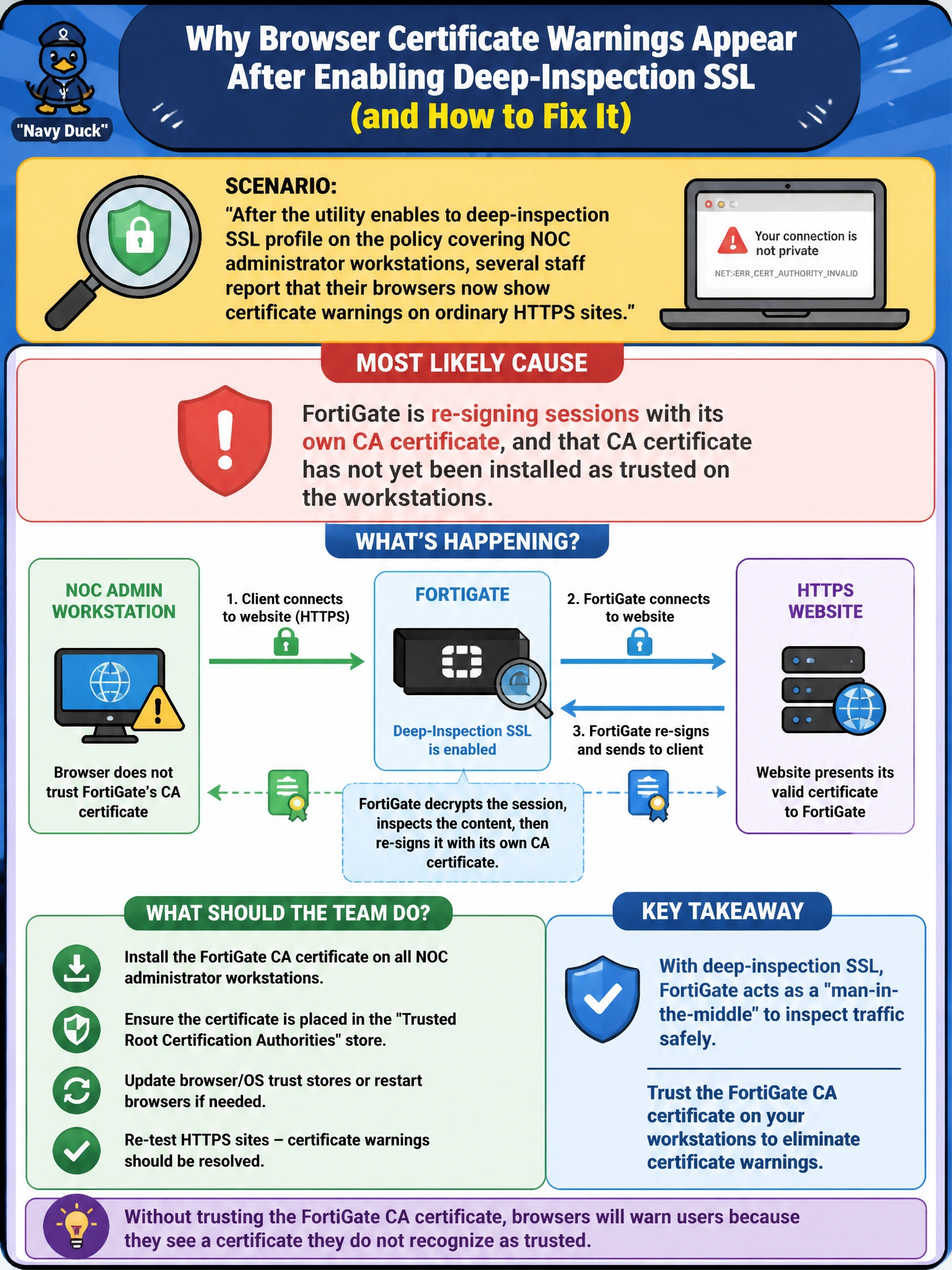 To Create an exciting colorful infographic that explains the concepts in the question: Question: After the utility enables a deep-inspection SSL profile on the policy covering NOC administrator workstations, several staff report that their browsers now show certificate warnings on ordinary HTTPS sites. What is the most likely cause, and what should the team do about it? Correct Answer: FortiGate is re-signing sessions with its own CA certificate, and that CA certificate has not yet been installed as trusted on the workstations Put EVERY visible label in double quotes. No people. No A/B/C/D letters. In one of the four corners put a little "Navy Duck".