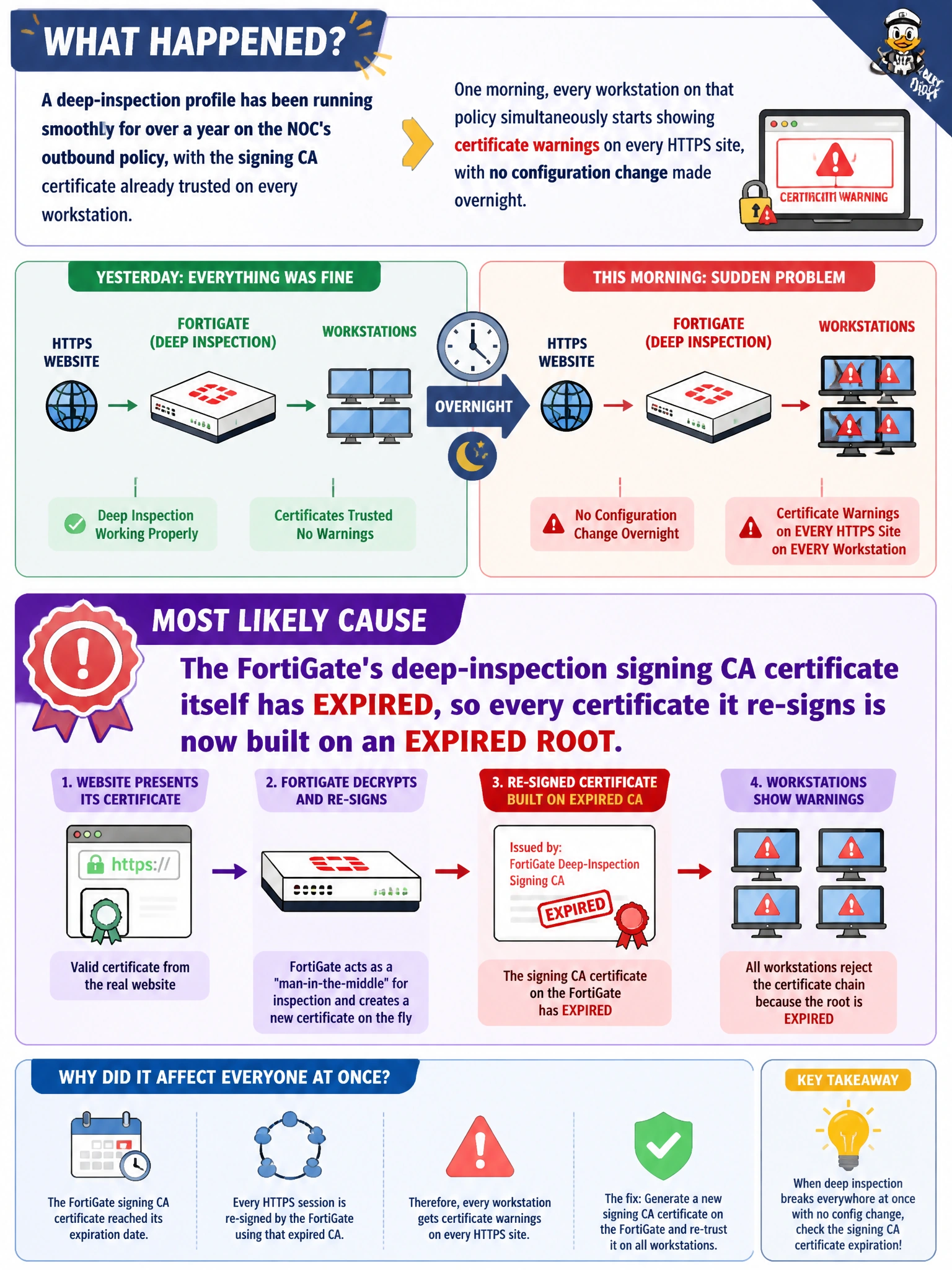 To Create an exciting colorful infographic that explains the concepts in the question: Question: A deep-inspection profile has been running smoothly for over a year on the NOC's outbound policy, with the signing CA certificate already trusted on every workstation. One morning, every workstation on that policy simultaneously starts showing certificate warnings on every HTTPS site, with no configuration change made overnight. What is the most likely cause? Correct Answer: The FortiGate's deep-inspection signing CA certificate itself has expired, so every certificate it re-signs is now built on an expired root Put EVERY visible label in double quotes. No people. No A/B/C/D letters. In one of the four corners put a little "Navy Duck".