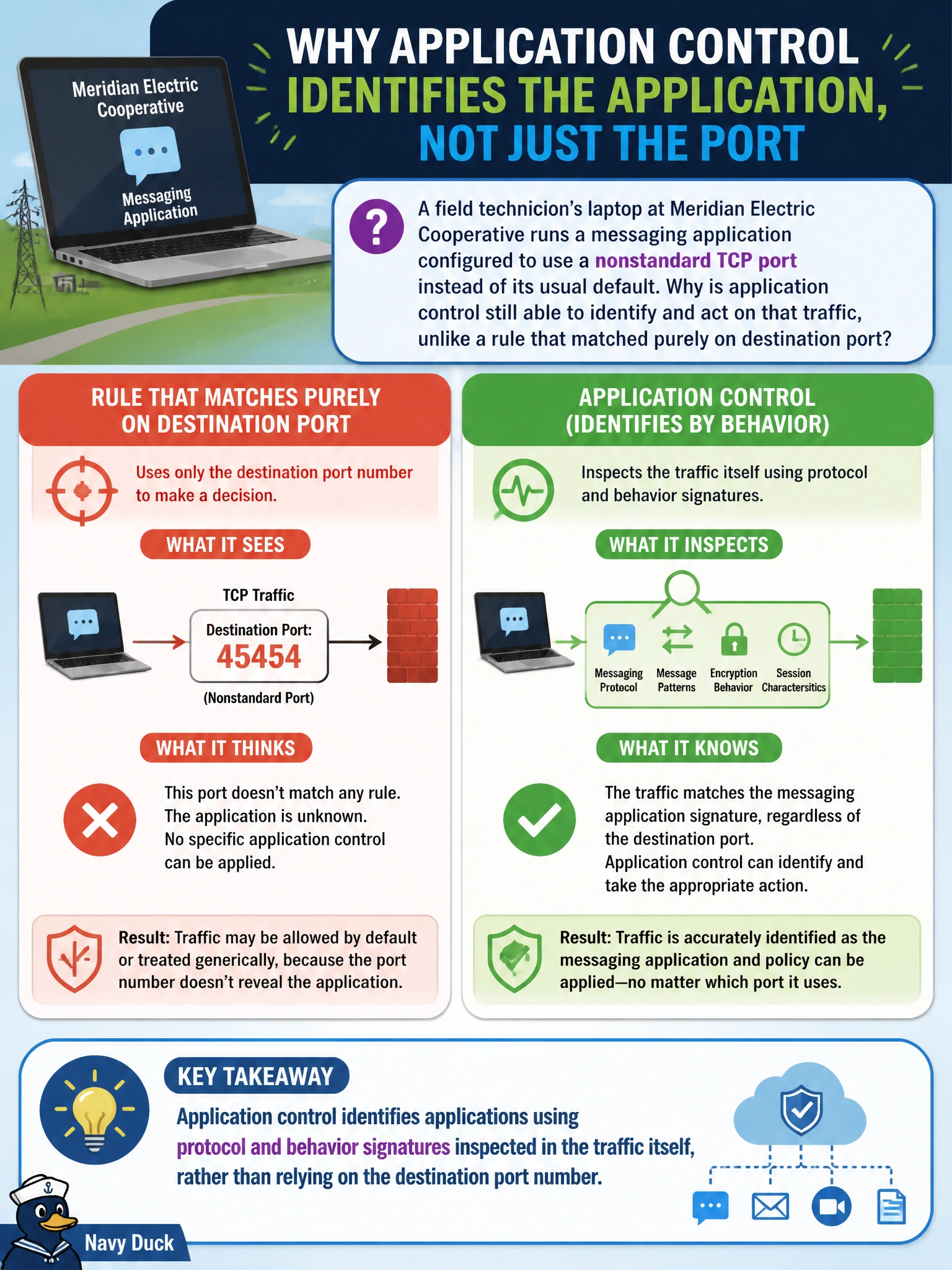 To Create an exciting colorful infographic that explains the concepts in the question: Question: A field technician's laptop at Meridian Electric Cooperative runs a messaging application configured to use a nonstandard TCP port instead of its usual default. Why is application control still able to identify and act on that traffic, unlike a rule that matched purely on destination port? Correct Answer: Application control identifies applications using protocol and behavior signatures inspected in the traffic itself, rather than relying on the destination port number. Put EVERY visible label in double quotes. No people. No A/B/C/D letters. In one of the four corners put a little "Navy Duck".