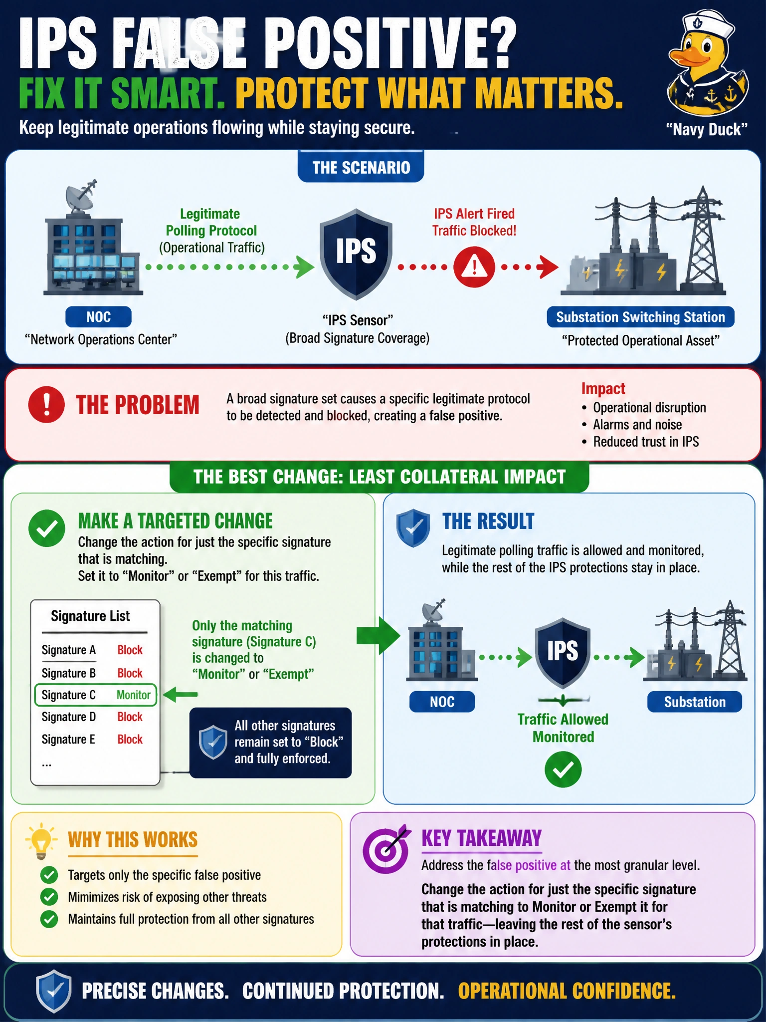 To Create an exciting colorful infographic that explains the concepts in the question: Question: A field engineer keeps seeing IPS alerts fire and block a legitimate operational polling protocol traveling between the NOC and a substation switching station. The sensor protecting that link covers a broad set of signatures. Which change addresses the false positive with the least collateral impact on the rest of the substation's protection? Correct Answer: Change the action for just the specific signature that is matching to monitor or exempt it for that traffic, leaving the rest of the sensor's protections in place. Put EVERY visible label in double quotes. No people. No A/B/C/D letters. In one of the four corners put a little "Navy Duck".