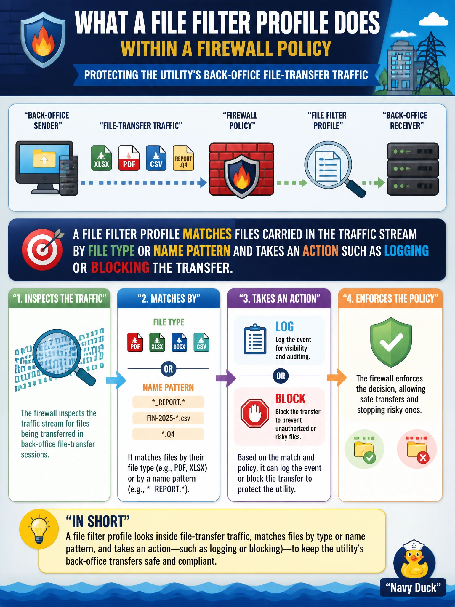 To Create an exciting colorful infographic that explains the concepts in the question: Question: Which best describes what a file filter profile does within a firewall policy protecting the utility's back-office file-transfer traffic? Correct Answer: It matches files carried in the traffic stream by file type or name pattern and takes an action such as logging or blocking the transfer. Put EVERY visible label in double quotes. No people. No A/B/C/D letters. In one of the four corners put a little "Navy Duck".