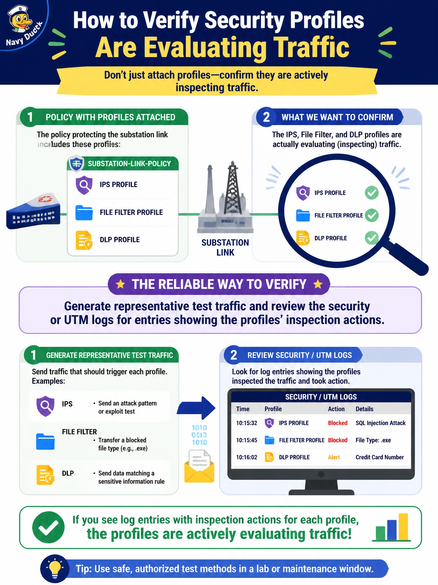 To Create an exciting colorful infographic that explains the concepts in the question: Question: After attaching IPS, file filter, and DLP profiles to the policy protecting the substation link, an engineer wants to confirm the profiles are actually evaluating traffic rather than just being present in the policy configuration. What is a reliable way to verify this? Correct Answer: Generate representative test traffic and review the security or UTM logs for entries showing the profiles' inspection actions. Put EVERY visible label in double quotes. No people. No A/B/C/D letters. In one of the four corners put a little "Navy Duck".