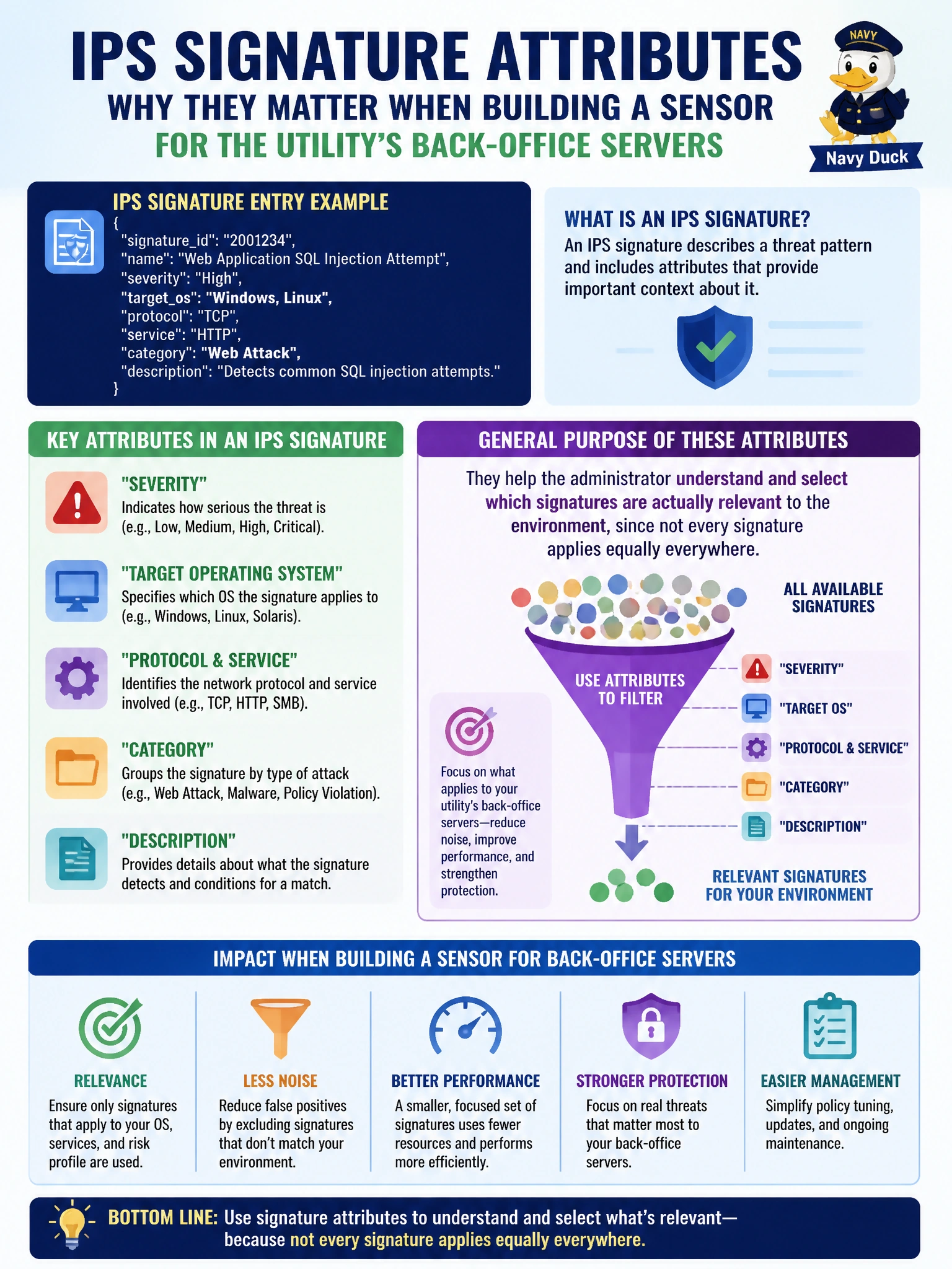 To Create an exciting colorful infographic that explains the concepts in the question: Question: An IPS signature entry lists attributes such as severity and target operating system. What is the general purpose of these attributes when an administrator is building a sensor for the utility's back-office servers? Correct Answer: They help the administrator understand and select which signatures are actually relevant to the environment, since not every signature applies equally everywhere. Put EVERY visible label in double quotes. No people. No A/B/C/D letters. In one of the four corners put a little "Navy Duck".
