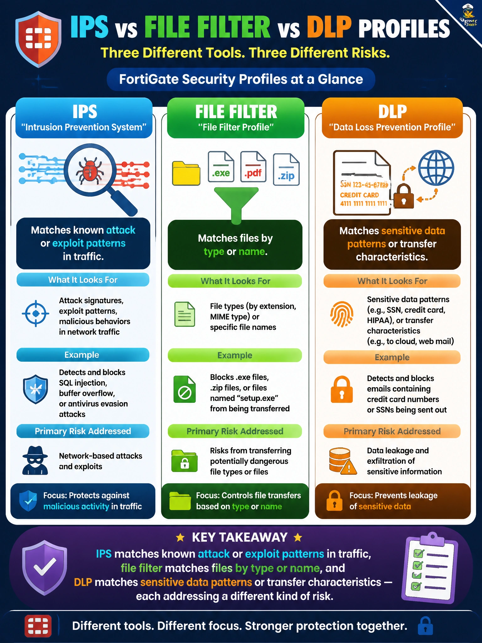 To Create an exciting colorful infographic that explains the concepts in the question: Question: A utility security team is documenting the roles of IPS, file filter, and DLP profiles for their FortiGate deployment. Which statement correctly distinguishes the three from each other? Correct Answer: IPS matches known attack or exploit patterns in traffic, file filter matches files by type or name, and DLP matches sensitive data patterns or transfer characteristics — each addressing a different kind of risk. Put EVERY visible label in double quotes. No people. No A/B/C/D letters. In one of the four corners put a little "Navy Duck".