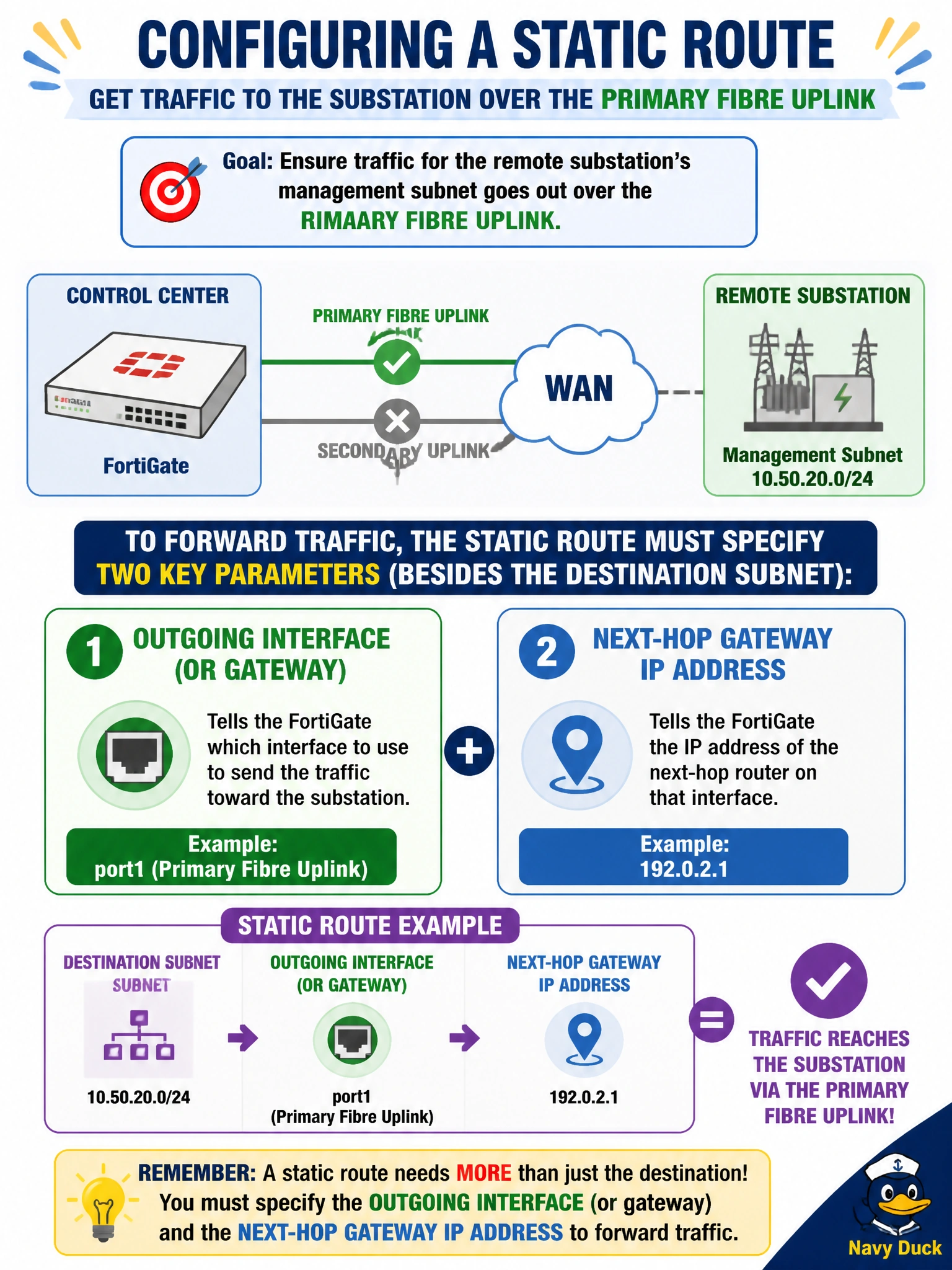 To Create an exciting colorful infographic that explains the concepts in the question: Question: A grid-operations engineer is configuring a new static route on the control-center FortiGate so traffic for a remote substation's management subnet goes out over the primary fibre uplink. Besides the destination subnet, which pair of parameters must the static route specify to actually forward traffic toward that substation? Correct Answer: The outgoing interface (or gateway) and the next-hop gateway IP address Put EVERY visible label in double quotes. No people. No A/B/C/D letters. In one of the four corners put a little "Navy Duck".