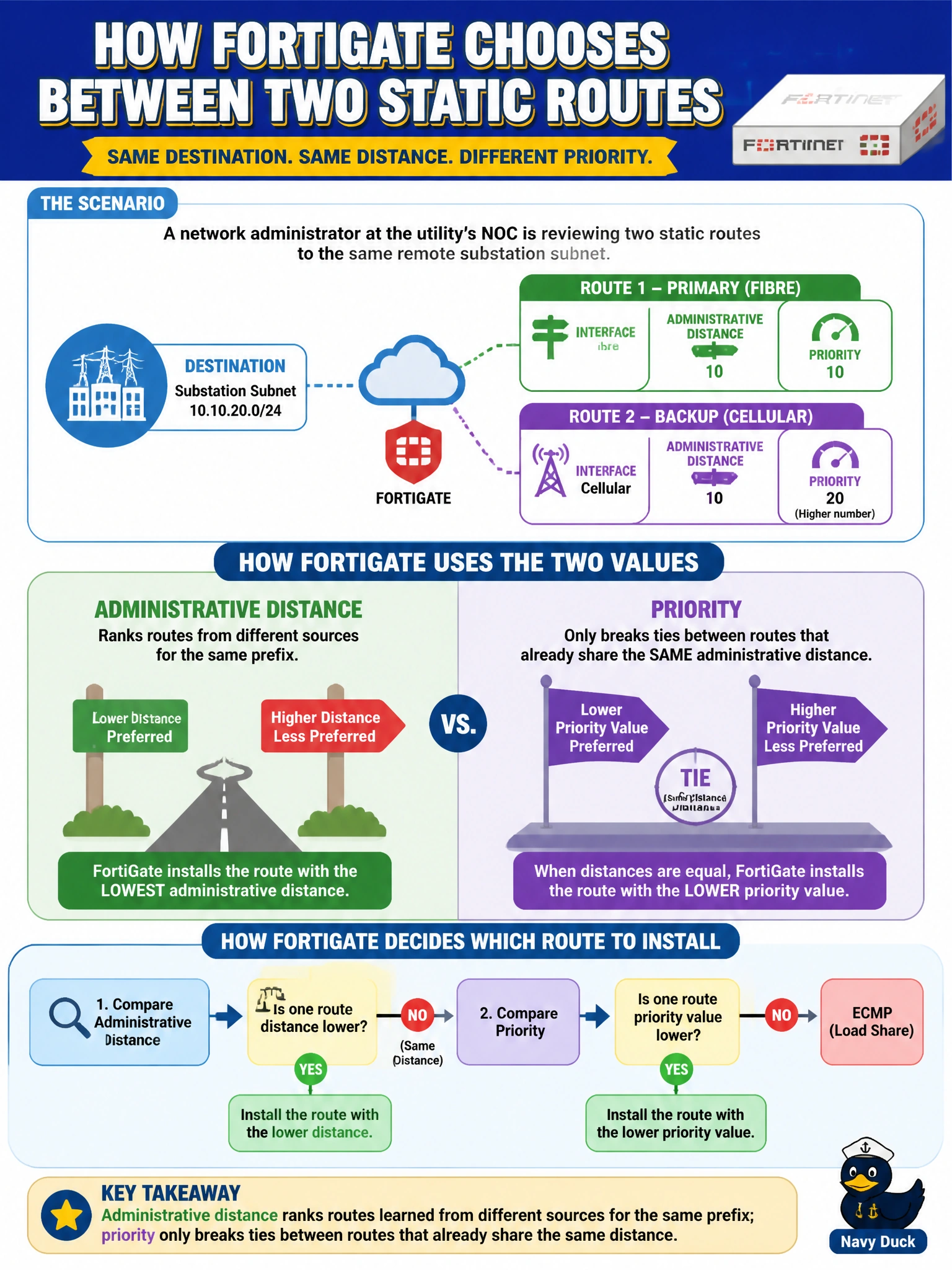 To Create an exciting colorful infographic that explains the concepts in the question: Question: A network administrator at the utility's NOC is reviewing two static routes to the same remote substation subnet: one via the fibre interface with administrative distance 10, and one via the cellular backup interface also with administrative distance 10 but a higher priority value. How does the FortiGate use these two values differently when deciding which route to install? Correct Answer: Administrative distance ranks routes learned from different sources for the same prefix; priority only breaks ties between routes that already share the same distance Put EVERY visible label in double quotes. No people. No A/B/C/D letters. In one of the four corners put a little "Navy Duck".