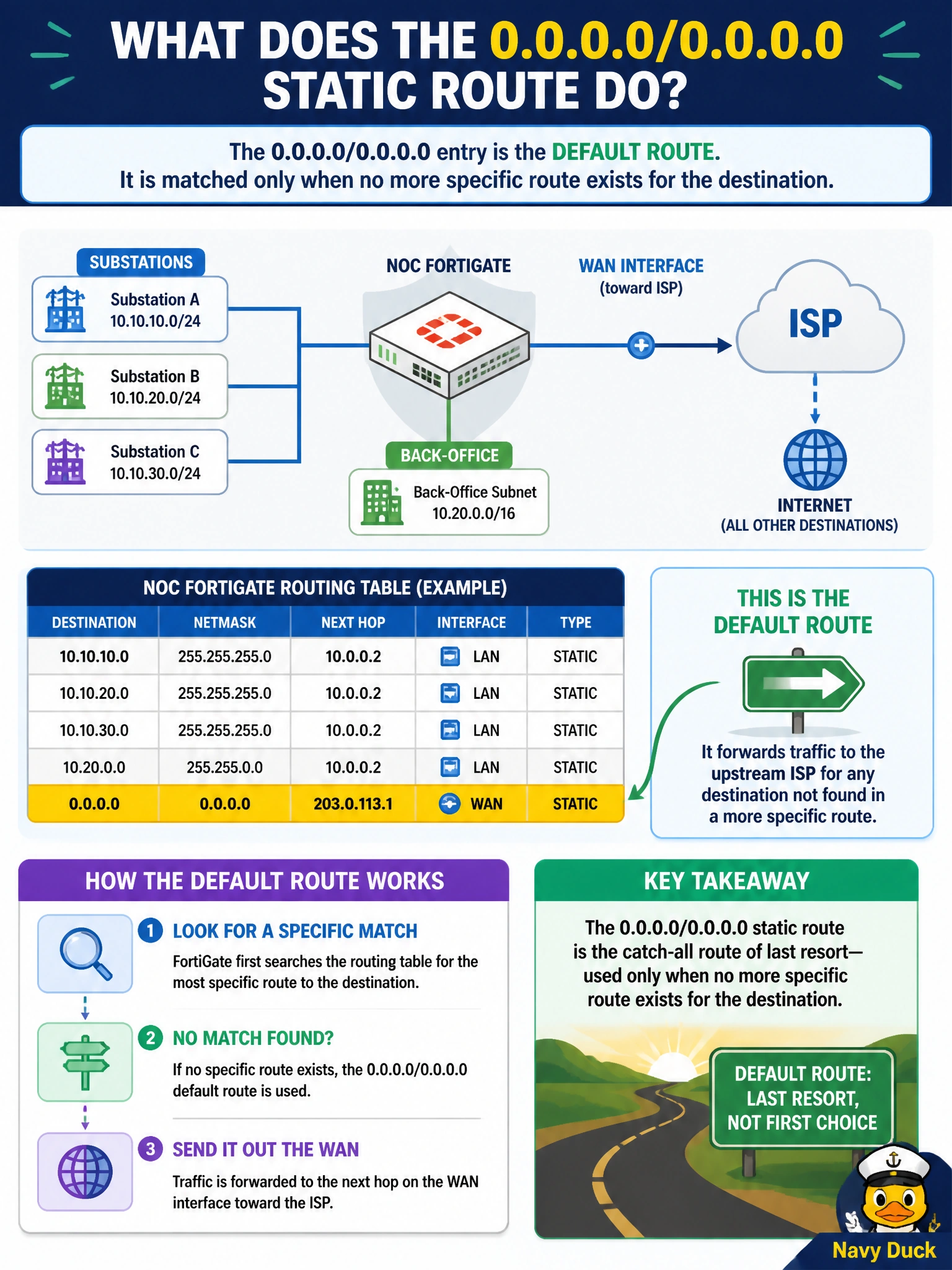 To Create an exciting colorful infographic that explains the concepts in the question: Question: A regional utility's NOC FortiGate has specific static routes for every known substation and back-office subnet, plus a 0.0.0.0/0.0.0.0 static route pointing out the WAN interface toward the utility's upstream ISP. What role does that 0.0.0.0/0.0.0.0 entry play in the routing table? Correct Answer: It is the default route, matched only when no more specific route exists for the destination Put EVERY visible label in double quotes. No people. No A/B/C/D letters. In one of the four corners put a little "Navy Duck".