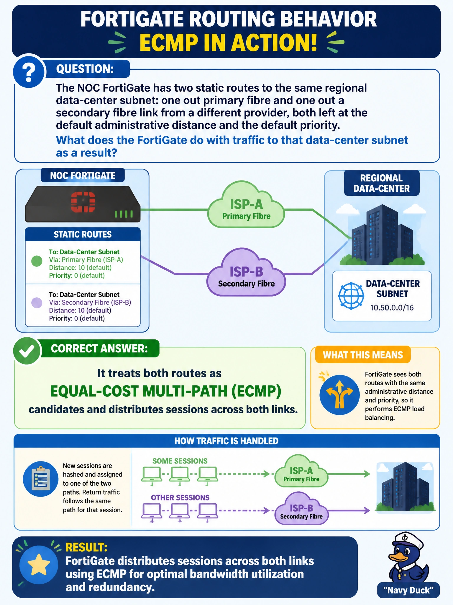 To Create an exciting colorful infographic that explains the concepts in the question: Question: The NOC FortiGate has two static routes to the same regional data-center subnet: one out primary fibre and one out a secondary fibre link from a different provider, both left at the default administrative distance and the default priority. What does the FortiGate do with traffic to that data-center subnet as a result? Correct Answer: It treats both routes as equal-cost multi-path (ECMP) candidates and distributes sessions across both links Put EVERY visible label in double quotes. No people. No A/B/C/D letters. In one of the four corners put a little "Navy Duck".