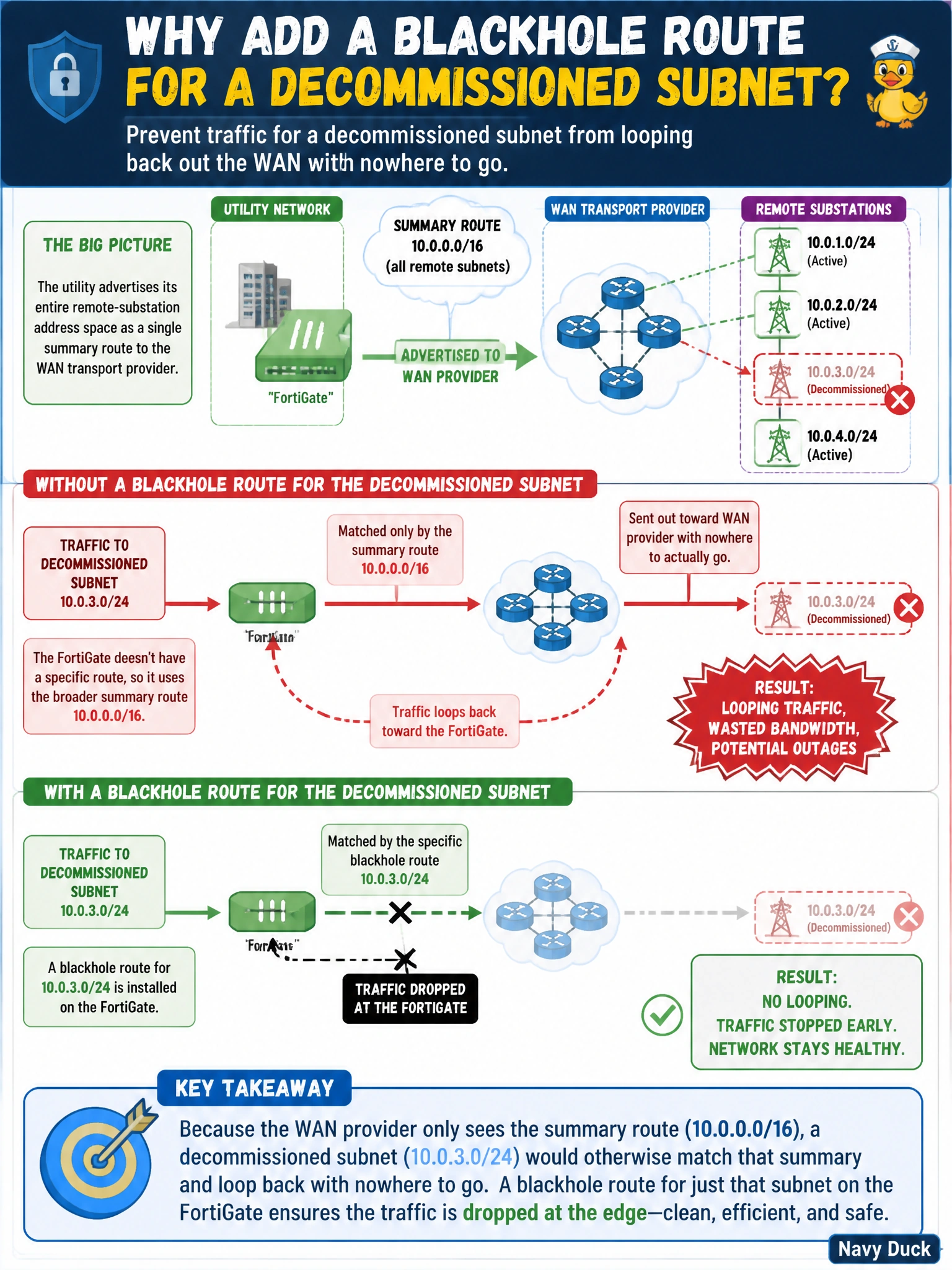 To Create an exciting colorful infographic that explains the concepts in the question: Question: The utility summarizes its entire remote-substation address space as a single route advertised toward its WAN transport provider so the provider's routers don't need dozens of individual entries. If one substation subnet inside that summary is temporarily decommissioned, why would an engineer add a blackhole route for just that subnet on the FortiGate, rather than leaving it unhandled? Correct Answer: To prevent traffic for the decommissioned subnet from being matched only by the broader summary route and sent looping back out toward the WAN provider with nowhere to actually go Put EVERY visible label in double quotes. No people. No A/B/C/D letters. In one of the four corners put a little "Navy Duck".