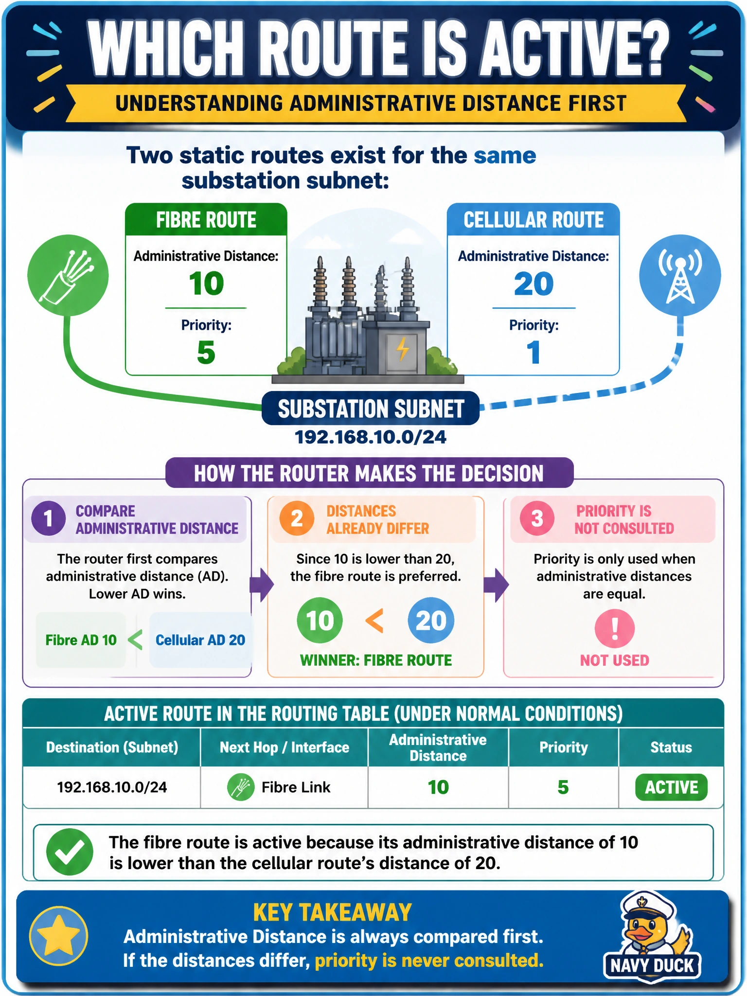 To Create an exciting colorful infographic that explains the concepts in the question: Question: Two static routes exist for the same substation subnet: one via fibre at administrative distance 10 and priority 5, and one via cellular at administrative distance 20 and priority 1. Which route is active in the routing table under normal conditions? Correct Answer: The fibre route, because administrative distance is compared first and its distance of 10 is lower than the cellular route's distance of 20 — priority is never consulted since the distances already differ Put EVERY visible label in double quotes. No people. No A/B/C/D letters. In one of the four corners put a little "Navy Duck".