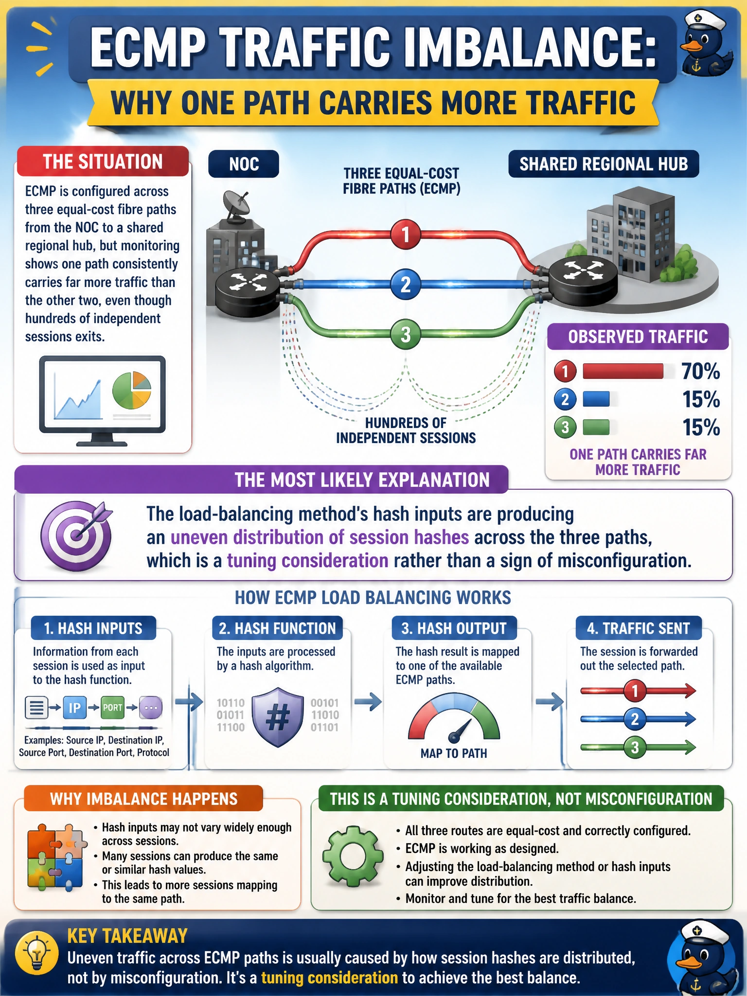To Create an exciting colorful infographic that explains the concepts in the question: Question: ECMP is configured across three equal-cost fibre paths from the NOC to a shared regional hub, but monitoring shows one path consistently carries far more traffic than the other two, even though hundreds of independent sessions exist. What is the most likely explanation, assuming all three routes are correctly configured at equal distance and priority? Correct Answer: The load-balancing method's hash inputs are producing an uneven distribution of session hashes across the three paths, which is a tuning consideration rather than a sign of misconfiguration Put EVERY visible label in double quotes. No people. No A/B/C/D letters. In one of the four corners put a little "Navy Duck".