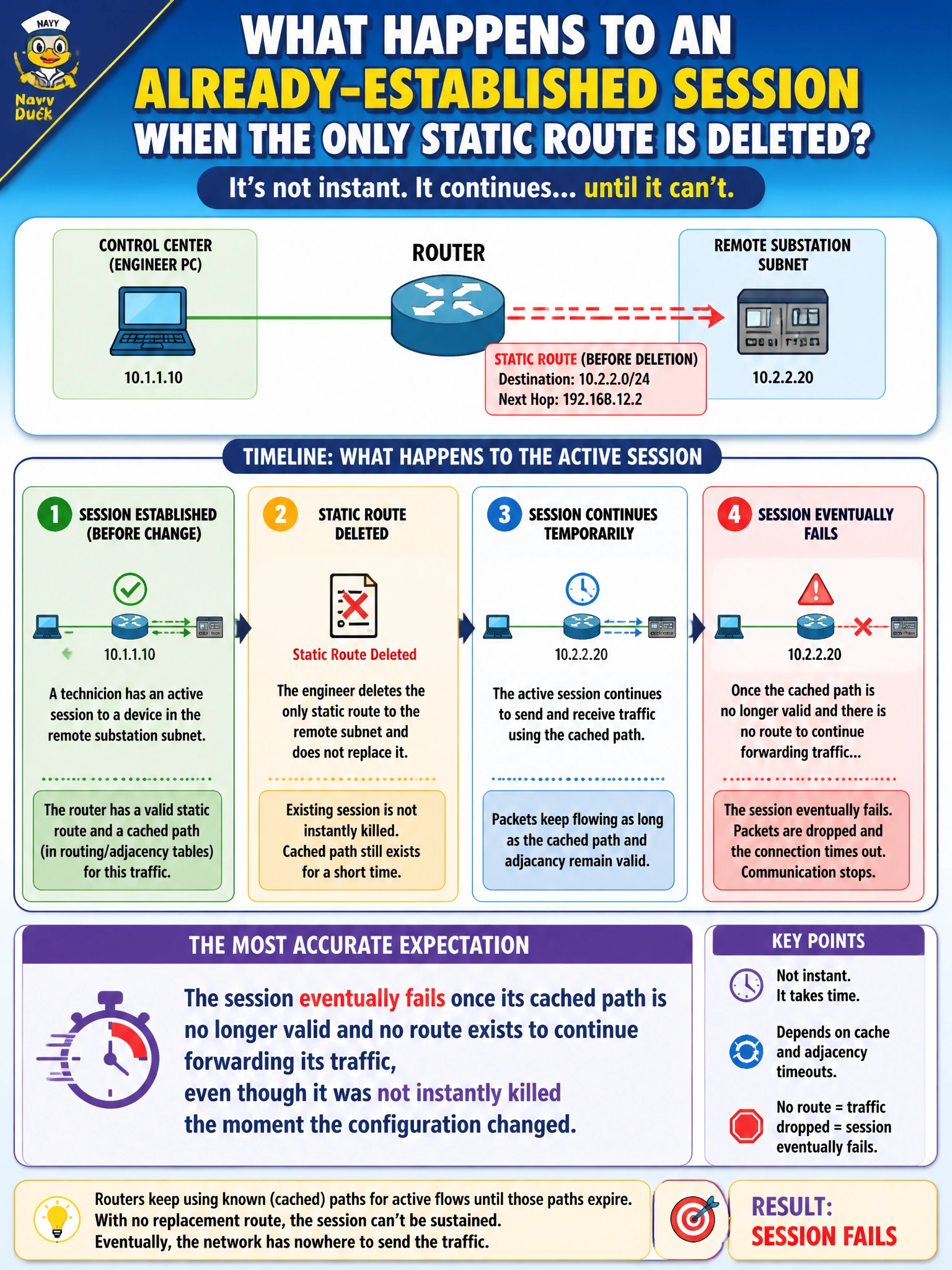 To Create an exciting colorful infographic that explains the concepts in the question: Question: An engineer deletes the only static route to a remote substation subnet entirely — not replacing it with a different route, just removing it — while a technician has an active session to a device in that subnet. What is the most accurate expectation for that already-established session? Correct Answer: The session eventually fails once its cached path is no longer valid and no route exists to continue forwarding its traffic, even though it was not instantly killed the moment the configuration changed Put EVERY visible label in double quotes. No people. No A/B/C/D letters. In one of the four corners put a little "Navy Duck".