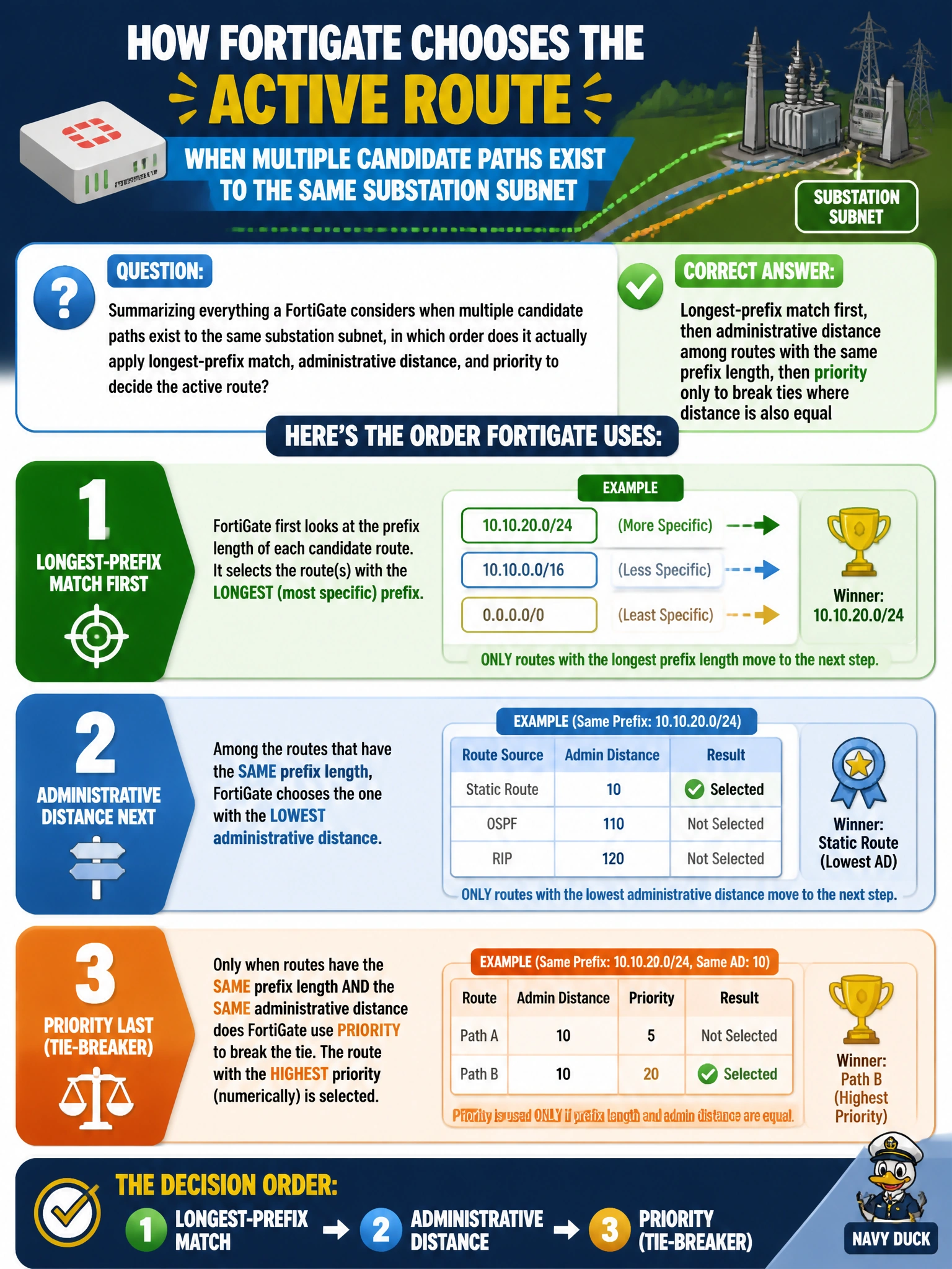 To Create an exciting colorful infographic that explains the concepts in the question: Question: Summarizing everything a FortiGate considers when multiple candidate paths exist to the same substation subnet, in which order does it actually apply longest-prefix match, administrative distance, and priority to decide the active route? Correct Answer: Longest-prefix match first, then administrative distance among routes with the same prefix length, then priority only to break ties where distance is also equal Put EVERY visible label in double quotes. No people. No A/B/C/D letters. In one of the four corners put a little "Navy Duck".