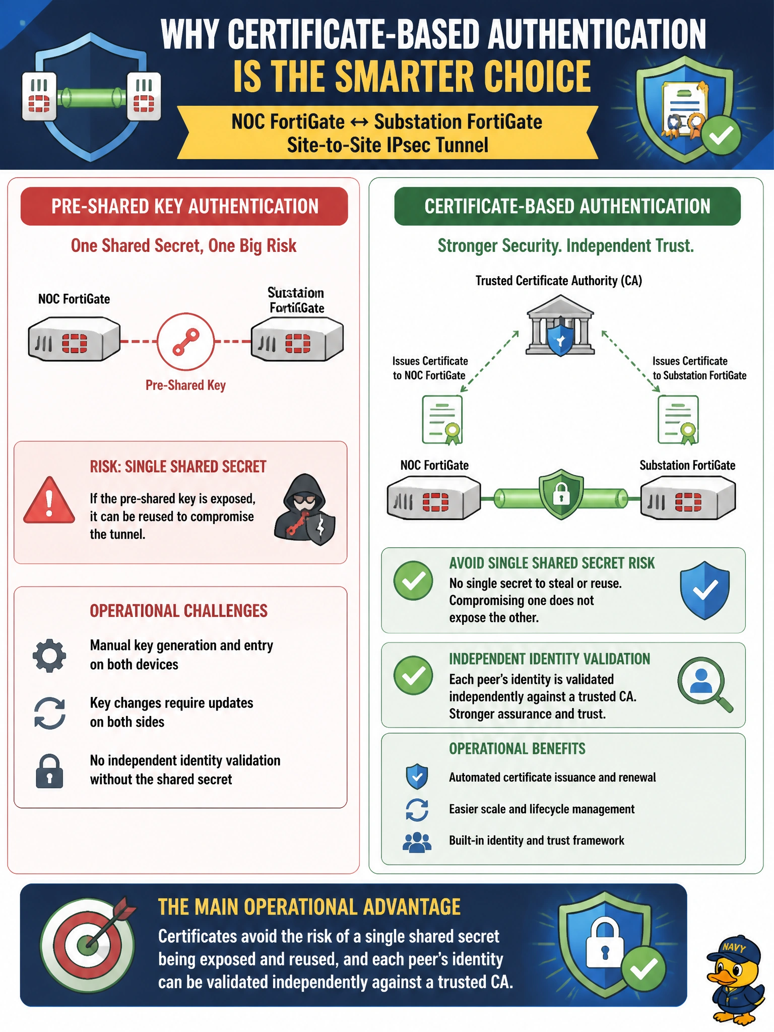 To Create an exciting colorful infographic that explains the concepts in the question: Question: A utility is choosing how the NOC FortiGate will authenticate to a new substation FortiGate for a site-to-site IPsec tunnel. Compared with a pre-shared key, what is the main operational advantage of using certificate-based authentication for this pair of peers? Correct Answer: Certificates avoid the risk of a single shared secret being exposed and reused, and each peer's identity can be validated independently against a trusted CA Put EVERY visible label in double quotes. No people. No A/B/C/D letters. In one of the four corners put a little "Navy Duck".