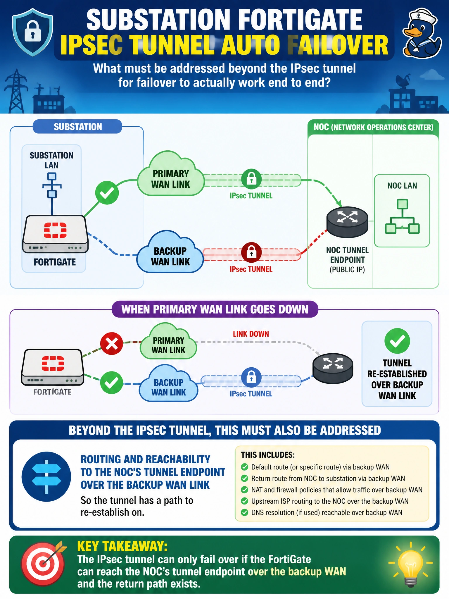 To Create an exciting colorful infographic that explains the concepts in the question: Question: A substation FortiGate has two internet-facing WAN links for redundancy, and the utility wants the site-to-site IPsec tunnel to the NOC to automatically fail over to the backup WAN link if the primary link goes down, without an engineer having to reconfigure the tunnel by hand. Beyond the IPsec tunnel itself, what must also be addressed for this failover to actually work end to end? Correct Answer: Routing and reachability to the NOC's tunnel endpoint over the backup WAN link, so the tunnel has a path to re-establish on Put EVERY visible label in double quotes. No people. No A/B/C/D letters. In one of the four corners put a little "Navy Duck".