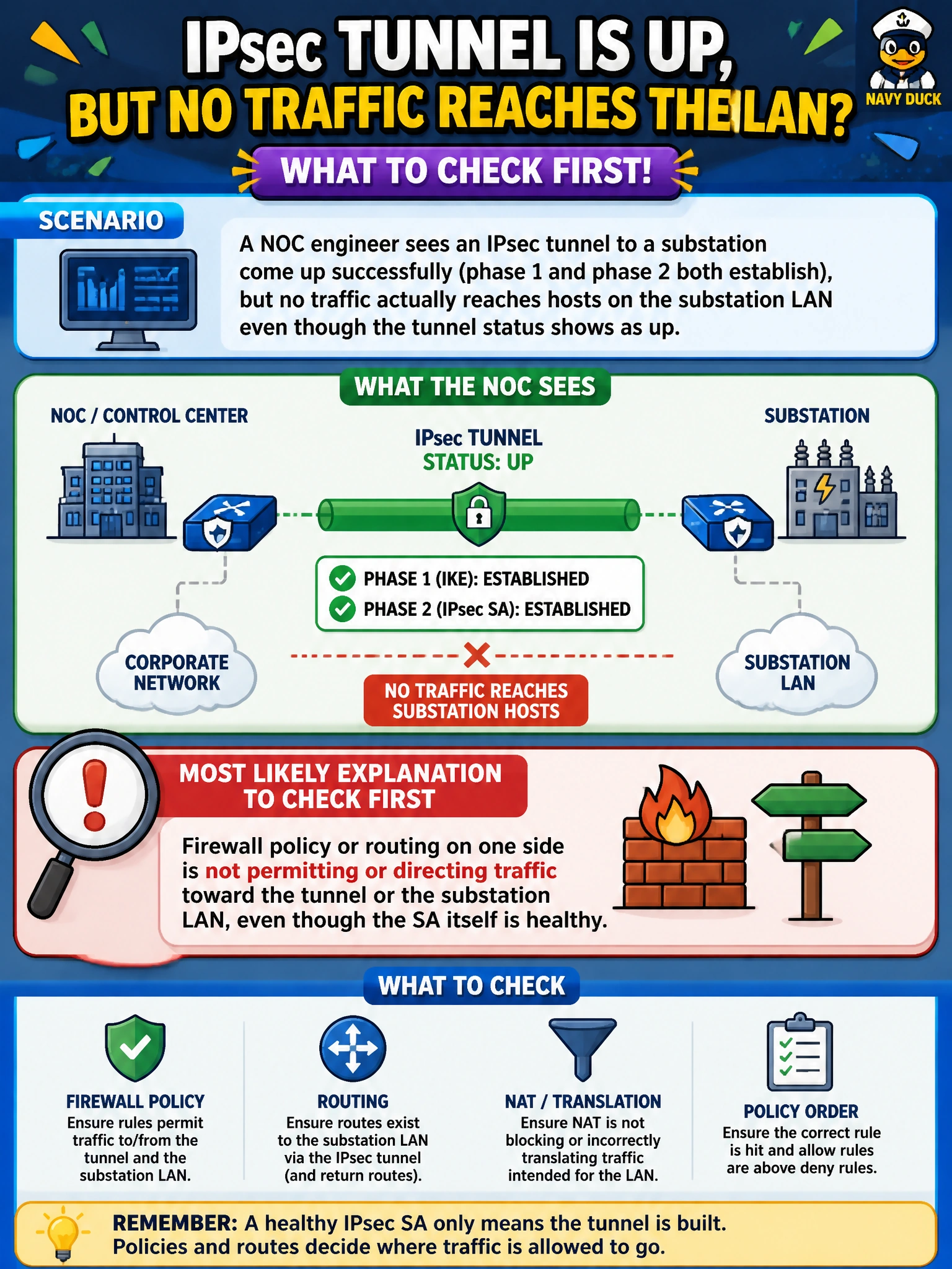 To Create an exciting colorful infographic that explains the concepts in the question: Question: A NOC engineer sees an IPsec tunnel to a substation come up successfully (phase 1 and phase 2 both establish), but no traffic actually reaches hosts on the substation LAN even though the tunnel status shows as up. What is the most likely explanation to check first? Correct Answer: Firewall policy or routing on one side is not permitting or directing traffic toward the tunnel or the substation LAN, even though the SA itself is healthy Put EVERY visible label in double quotes. No people. No A/B/C/D letters. In one of the four corners put a little "Navy Duck".